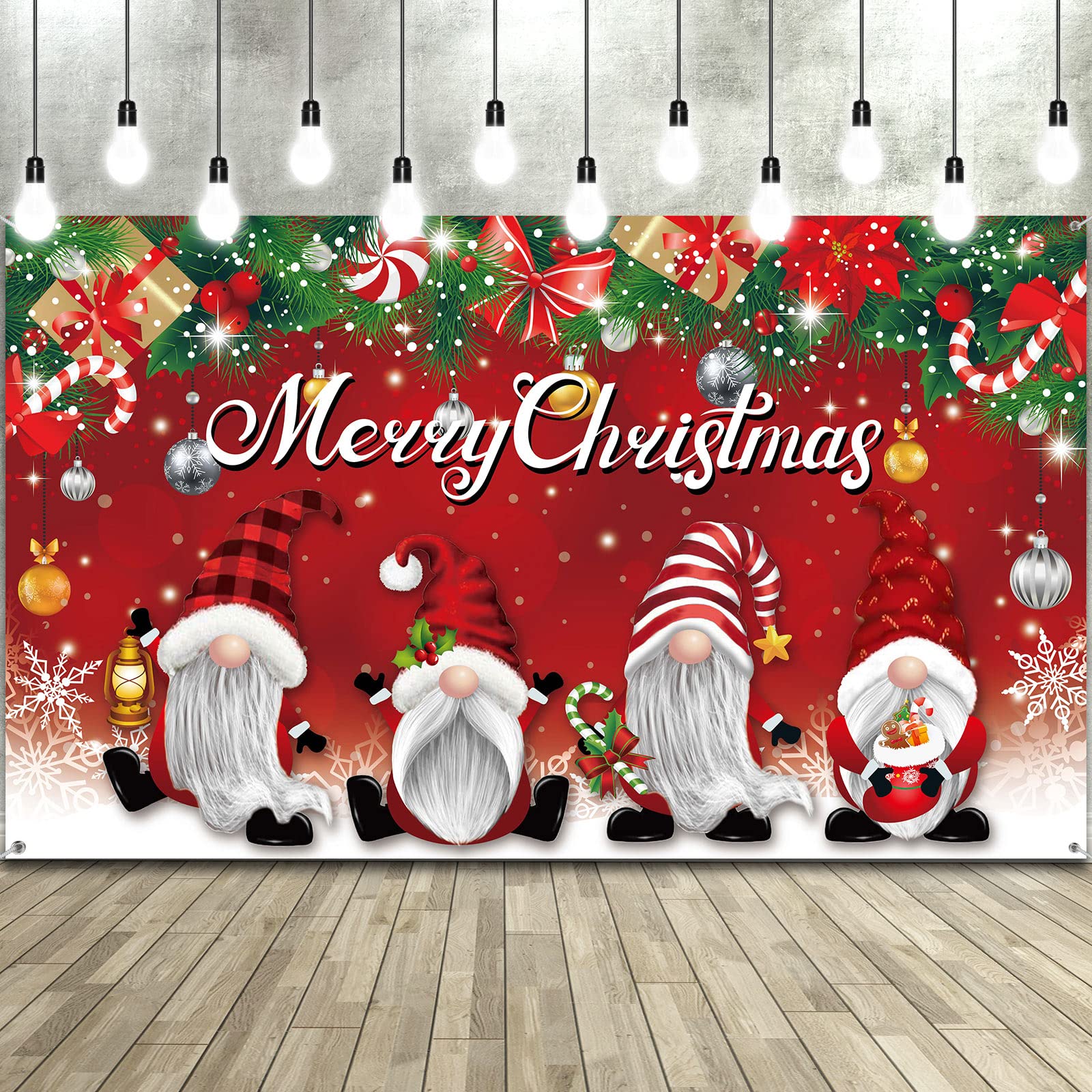Merry Christmas Party Backdrop Decorations Large Fabric Red Xmas Gnome Banner Photo Booth Background for Christmas Winter Holida