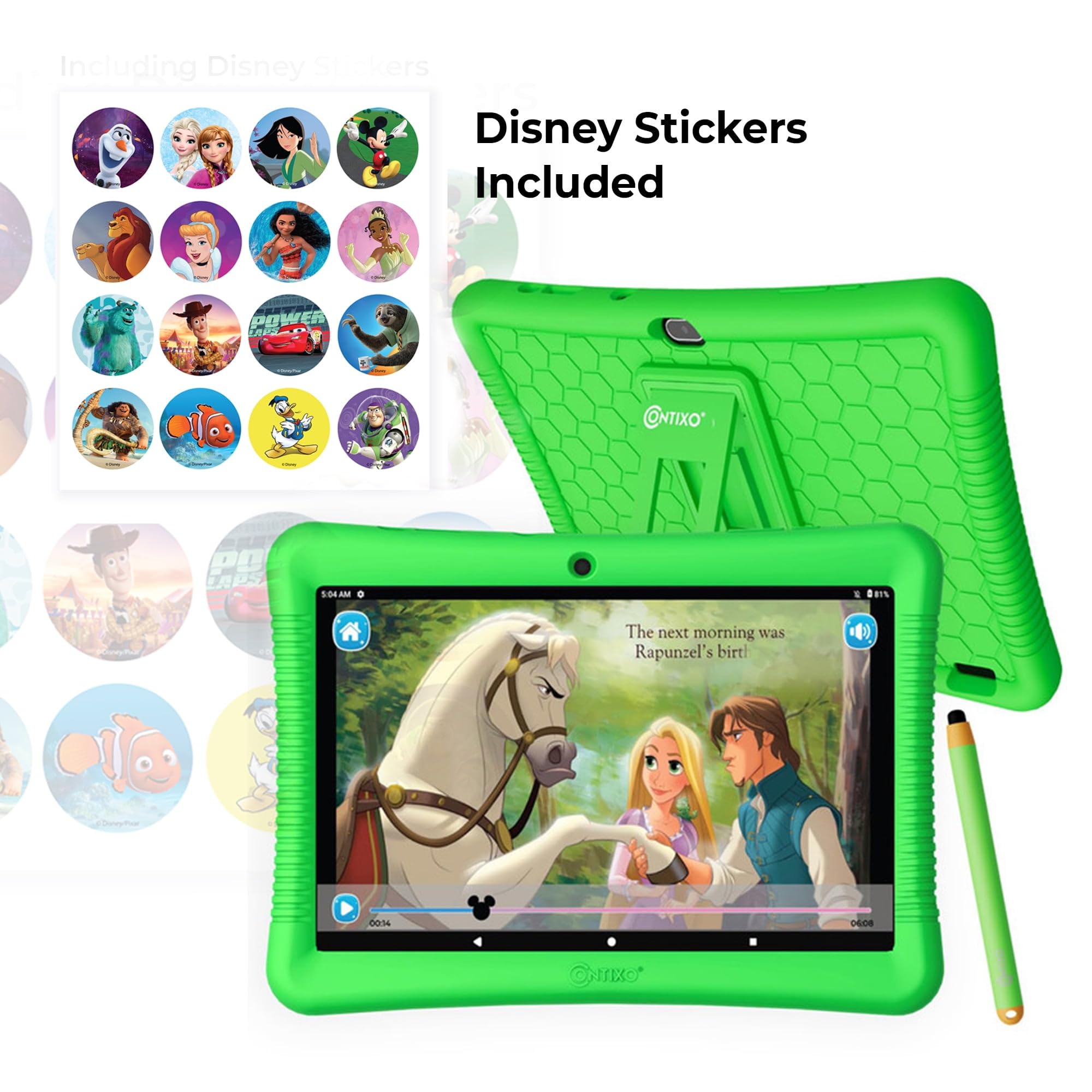 Contixo 10' Android Kids Tablet 64Gb Bundle, Includes 80+ Disney Storybooks & Stickers (Value $350), Kid Proof Case With Kickstand & Stylus, Headphone, Sleeve Bag (2023 Model) (Green)