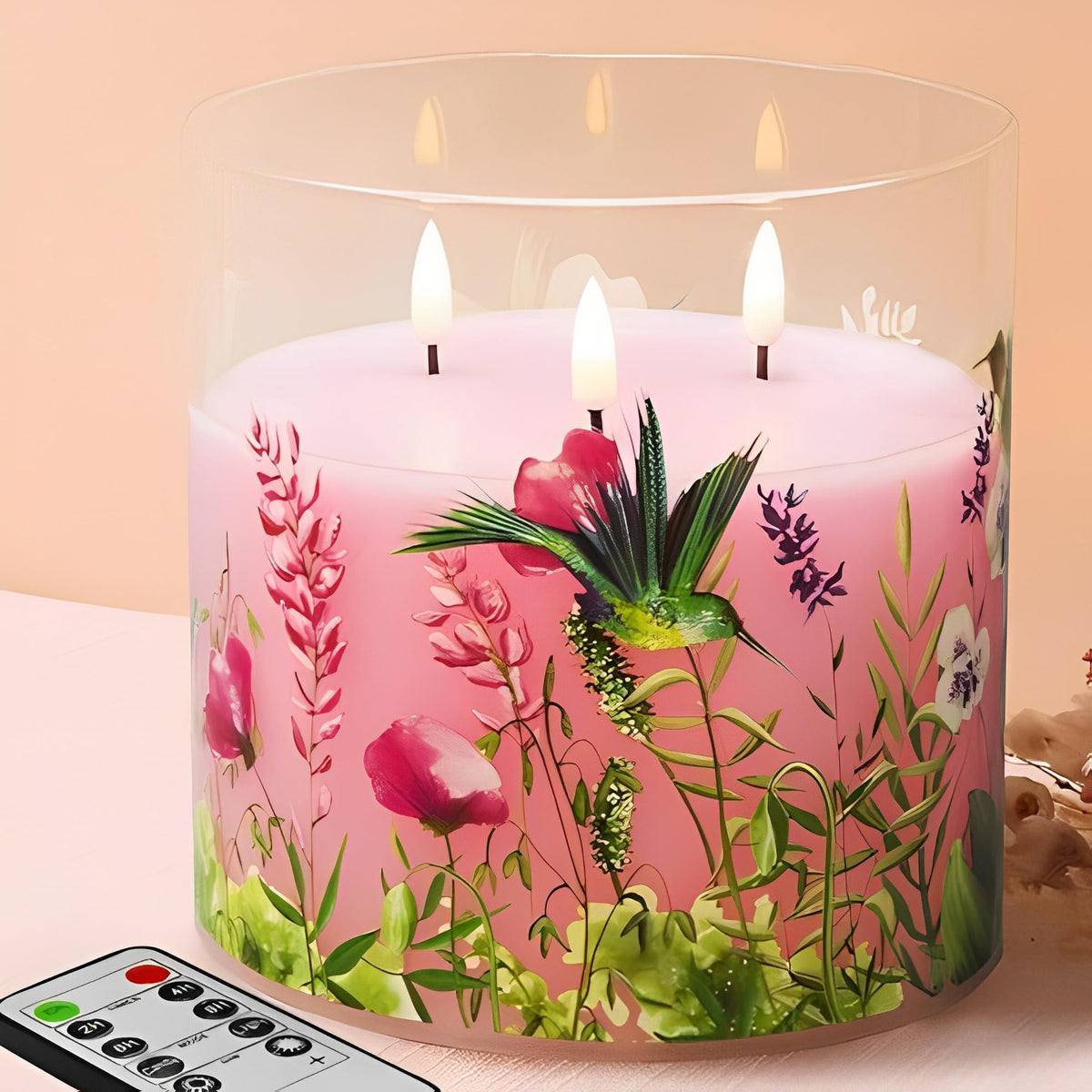 Eywamage 3 Wick Flameless Candle With Remote, Pink Hummingbird Floral Glass Led Candle, Large Battery Pillar Candle F 6'' H 6''