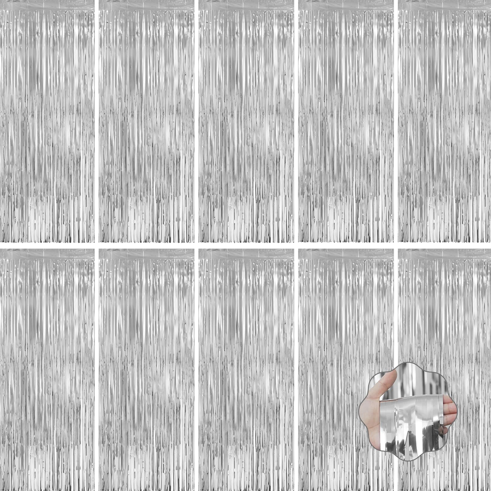 LOLStar 10 Pack Silver Party Decorations 3.3x6.6 ft Silver Foil Fringe Curtains Tinsel Backdrop Photo Booth Prop Streamer for En