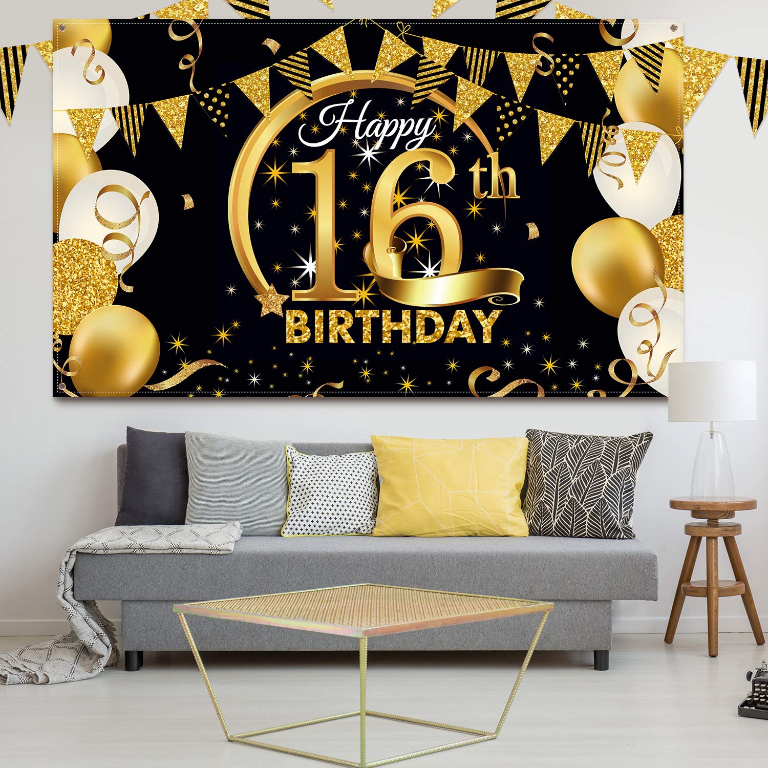 Blulu Birthday Party Decoration Extra Large Fabric Black Gold Sign Poster For Anniversary Photo Booth Backdrop Background Banner