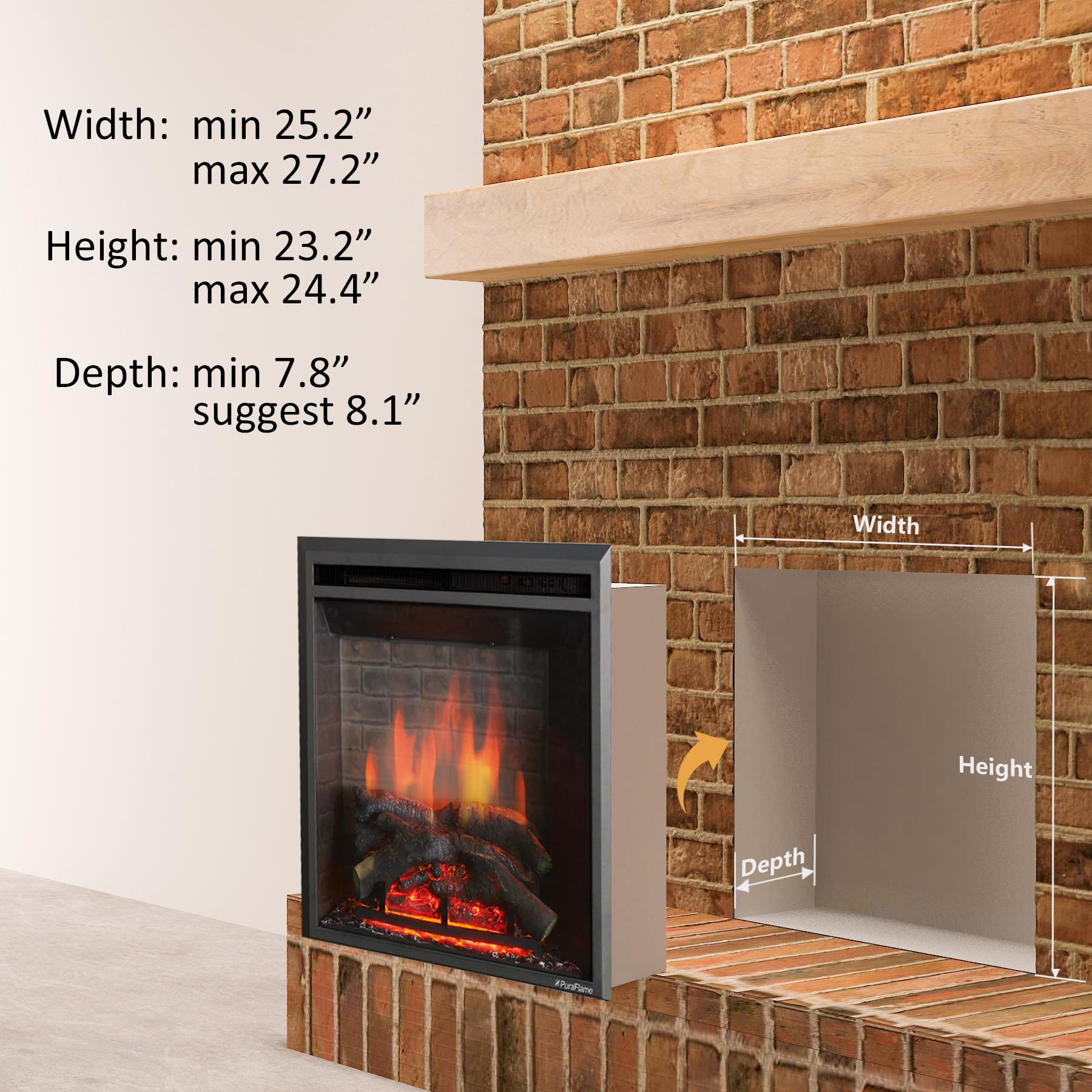 Puraflame Western Electric Fireplace Insert With Fire Crackling Sound, Remote Control, 750/1500W, Black, 25 63/64 Inches Wide, 2