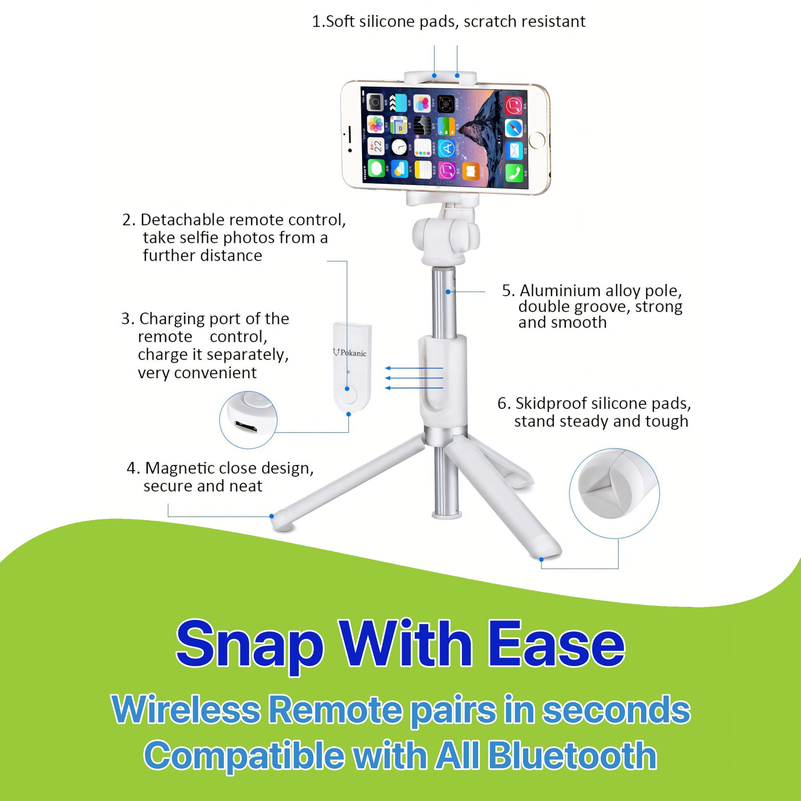 Pokanic Selfie Stick Tripod With Wireless Remote Controller Pouch Extendable Adjustable Stand Mount Light Weight V Log Compatibl