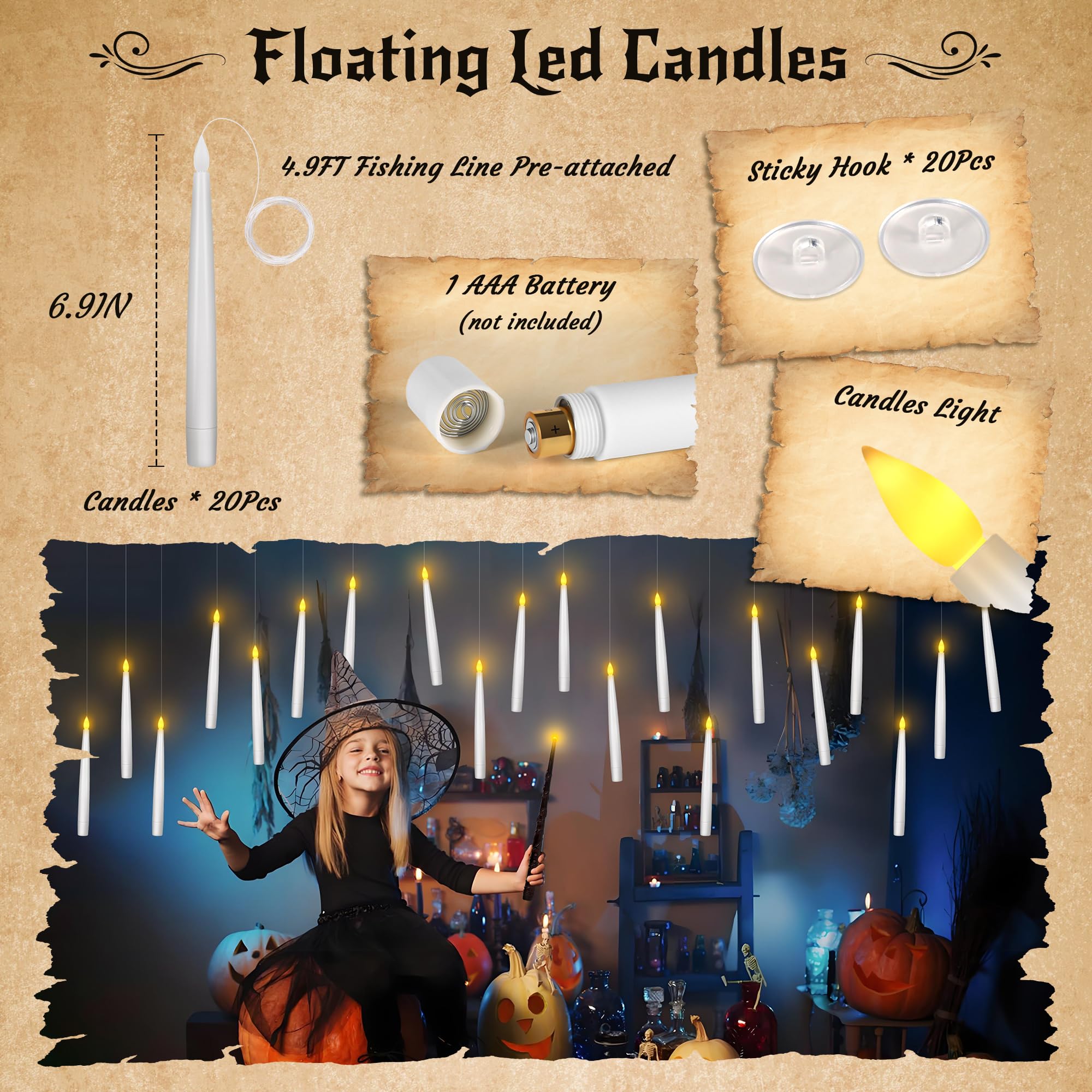 Halloween Decor Floating Candles With Wand, 20Pcs Magic Hanging Candles With Remote,6.9In Flameless Taper Led Candles Battery Op