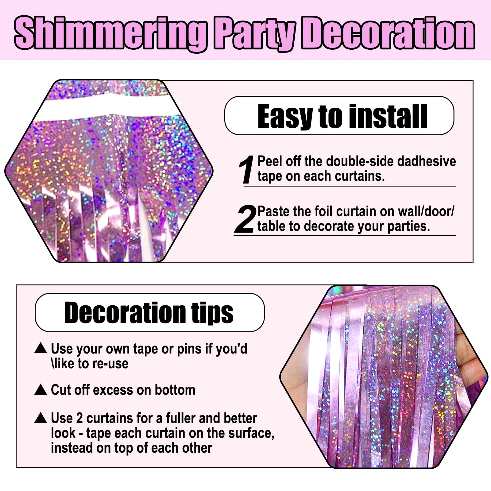 3 Pack Pink Foil Fringe Curtain Backdrop, 3.28Ft X 8.2Ft Metallic Tinsel Foil Fringe Streamer Curtains For Photo Booth, Valentin