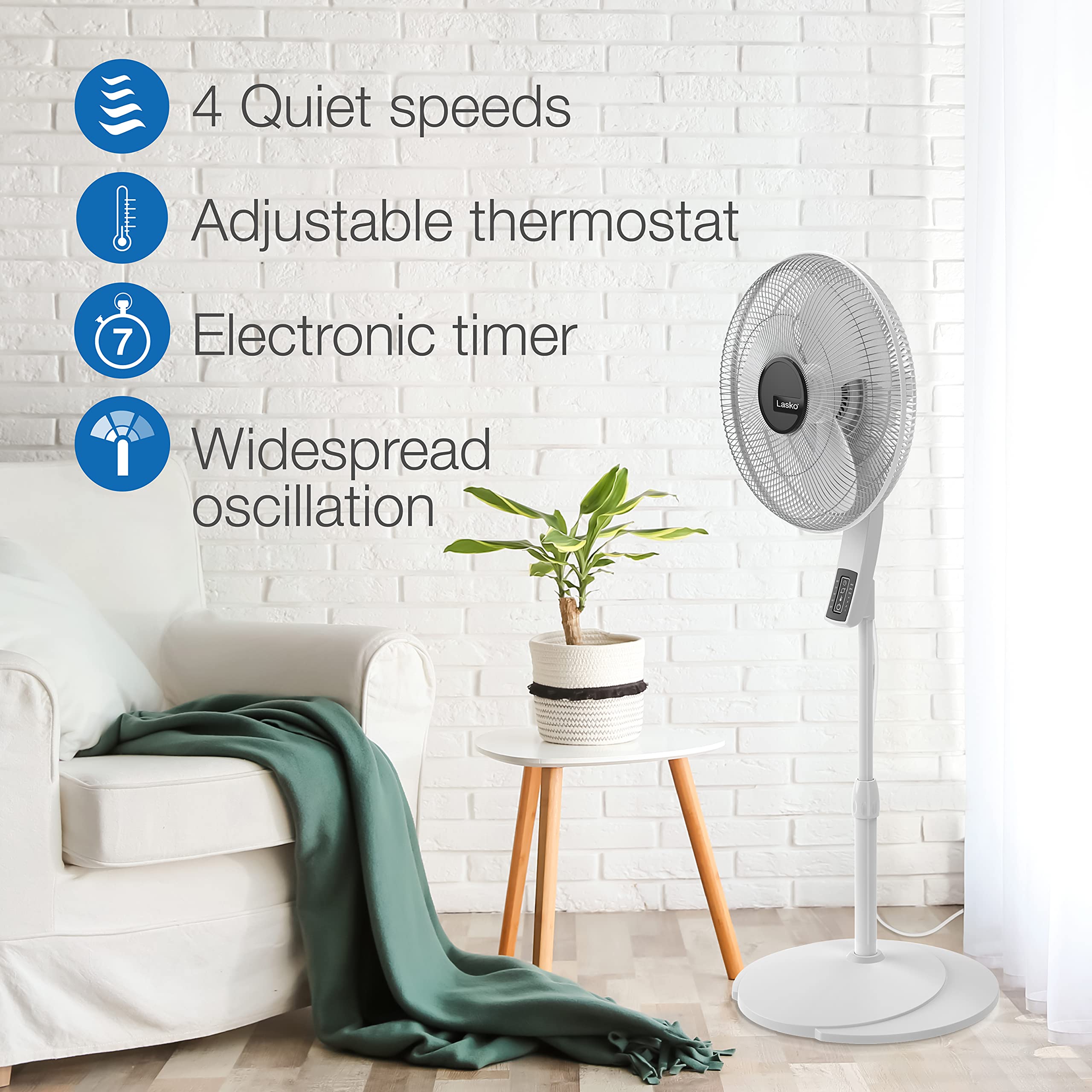 Lasko Oscillating Pedestal Fan, Thermostat, Adjustable Height, Remote Control, Timer, 4 Speeds, For Bedroom, Living Room, Office