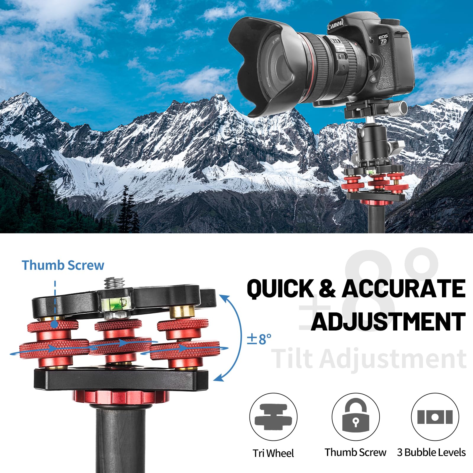 Camerig Tripod Head Leveling Base Camera Leveler, Aircraft Grade Aluminum Alloy 3 Axis Tri Wheel Head, 3/8    Thread, With +/ 5