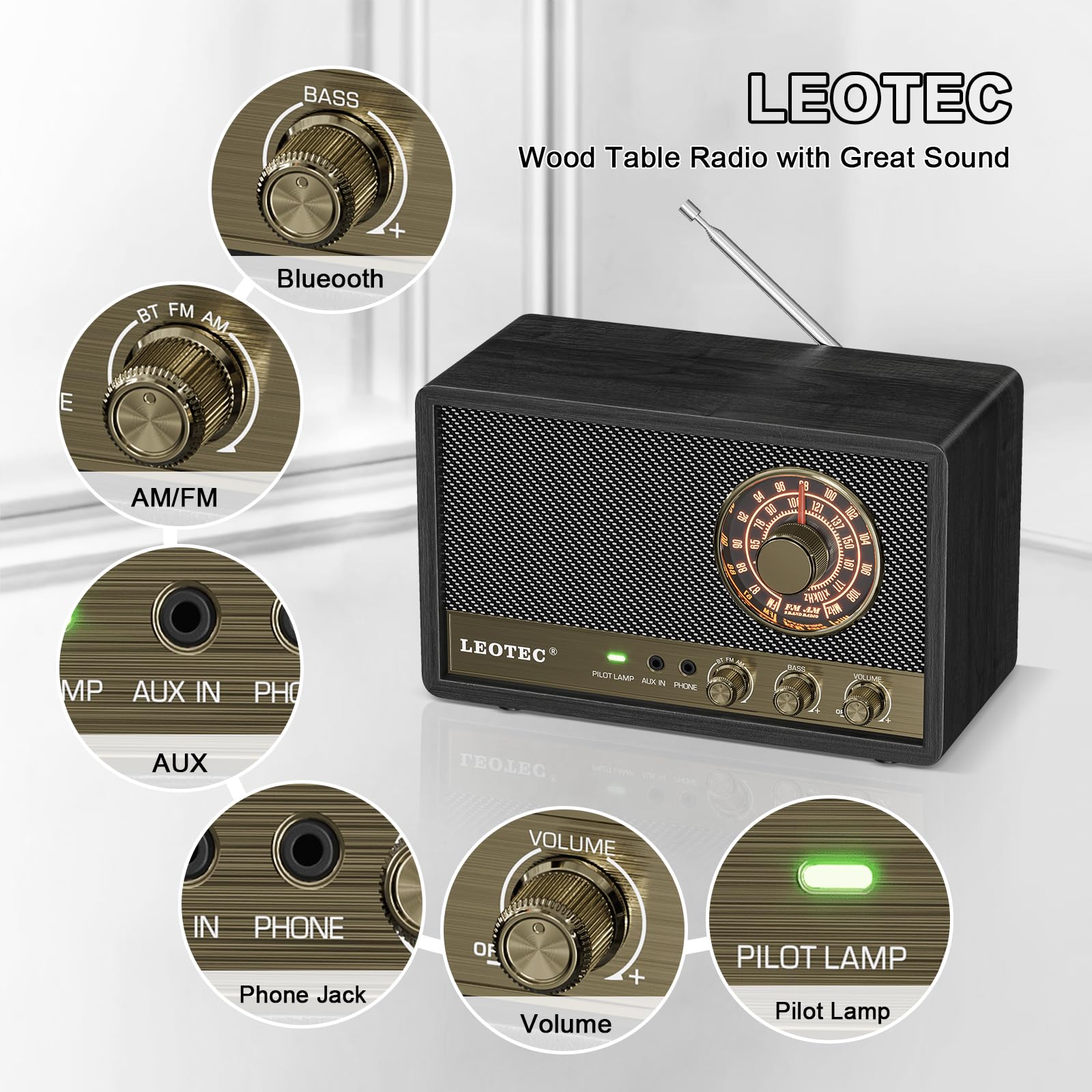 Leotec Am Fm Radio,Retro Wood Table Radio,Portable Bluetooth Speaker Plug In Wall,Best Reception With Aux,Headphone Jack,Bass Co