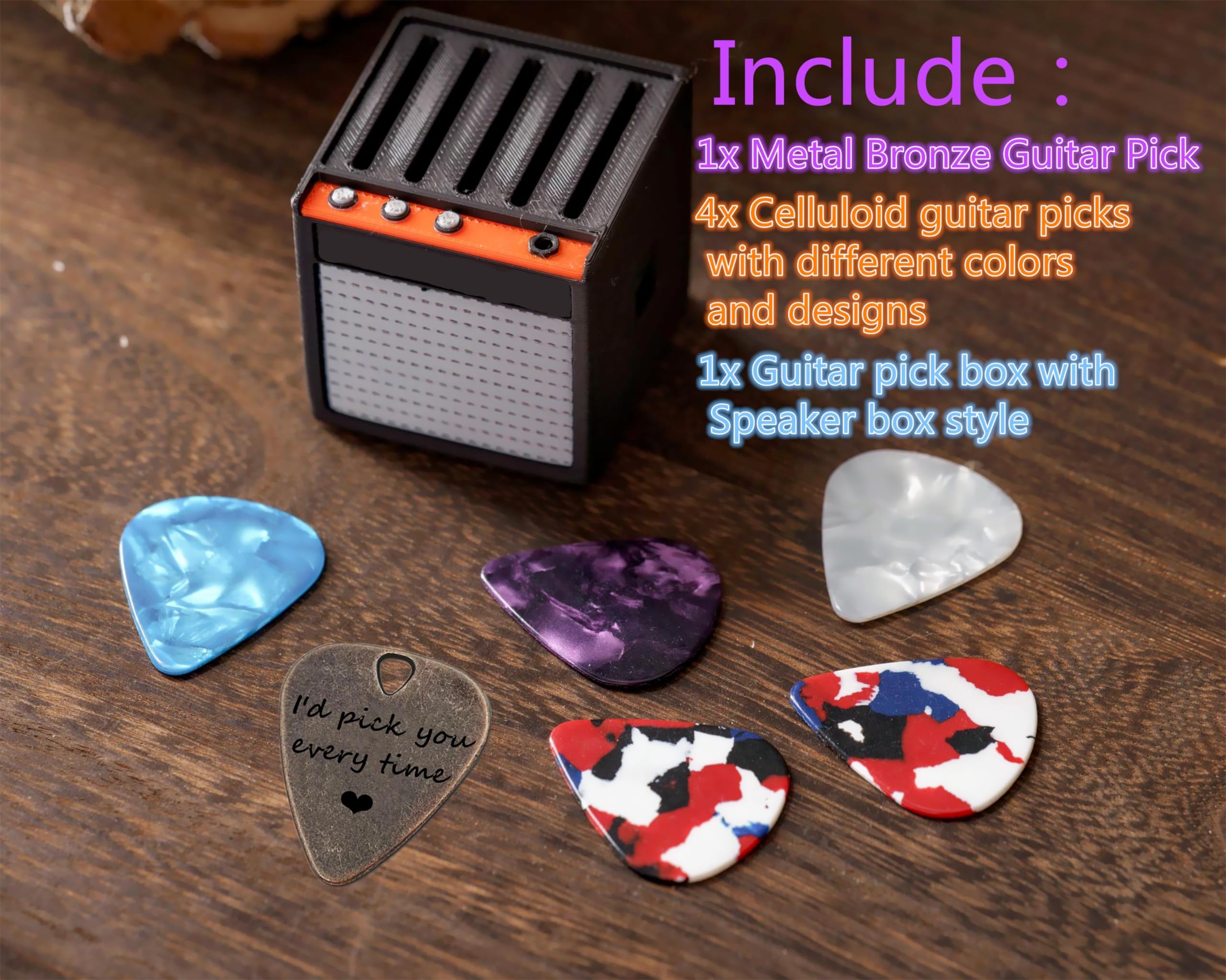 Juppe 5Packs Guitar Pick Plectrums With Amp Speaker Holder Organizer Storage Case Metal And Variety Colorful Celluloid Plectrums