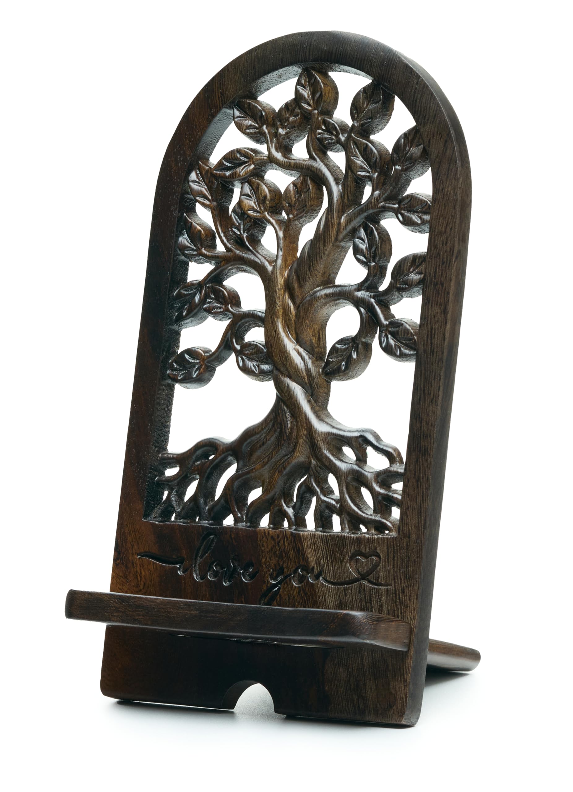 Handicraftviet - Handcrafted Wooden Tree of Life Phone Stand, Engraved I Love You    - Vintage Desk Docking Station for Smartpho