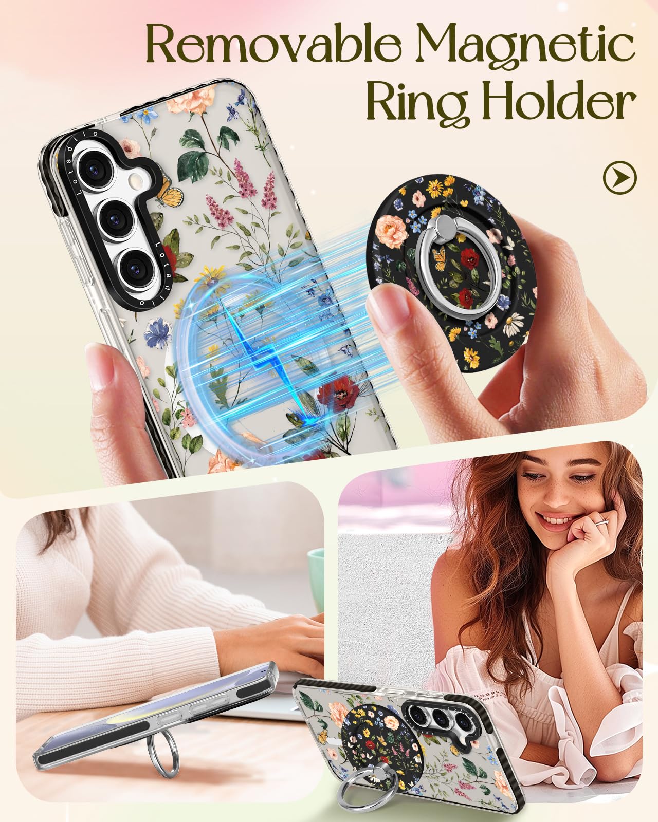 Lotadilo Cute Case For Samsung Galaxy S25 Plus For Women Girls - Funny Retro Flower Design Compatible With Magsafe Magnetic Ring