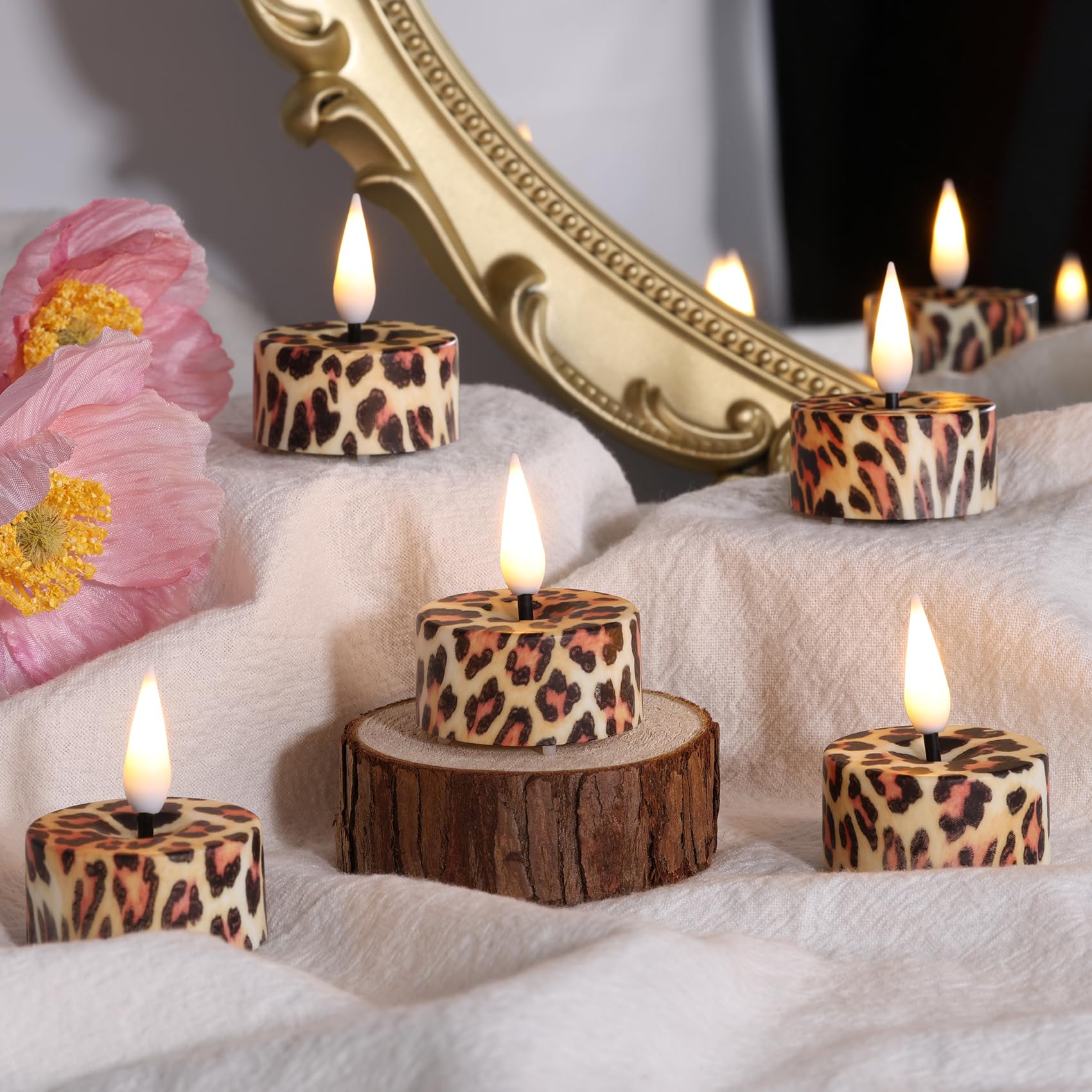 Eywamage Leopard Animal Pattern Flameless Tealights With Remote Batteries Included, Flickering Plastic Led Tea Votive Candles Se