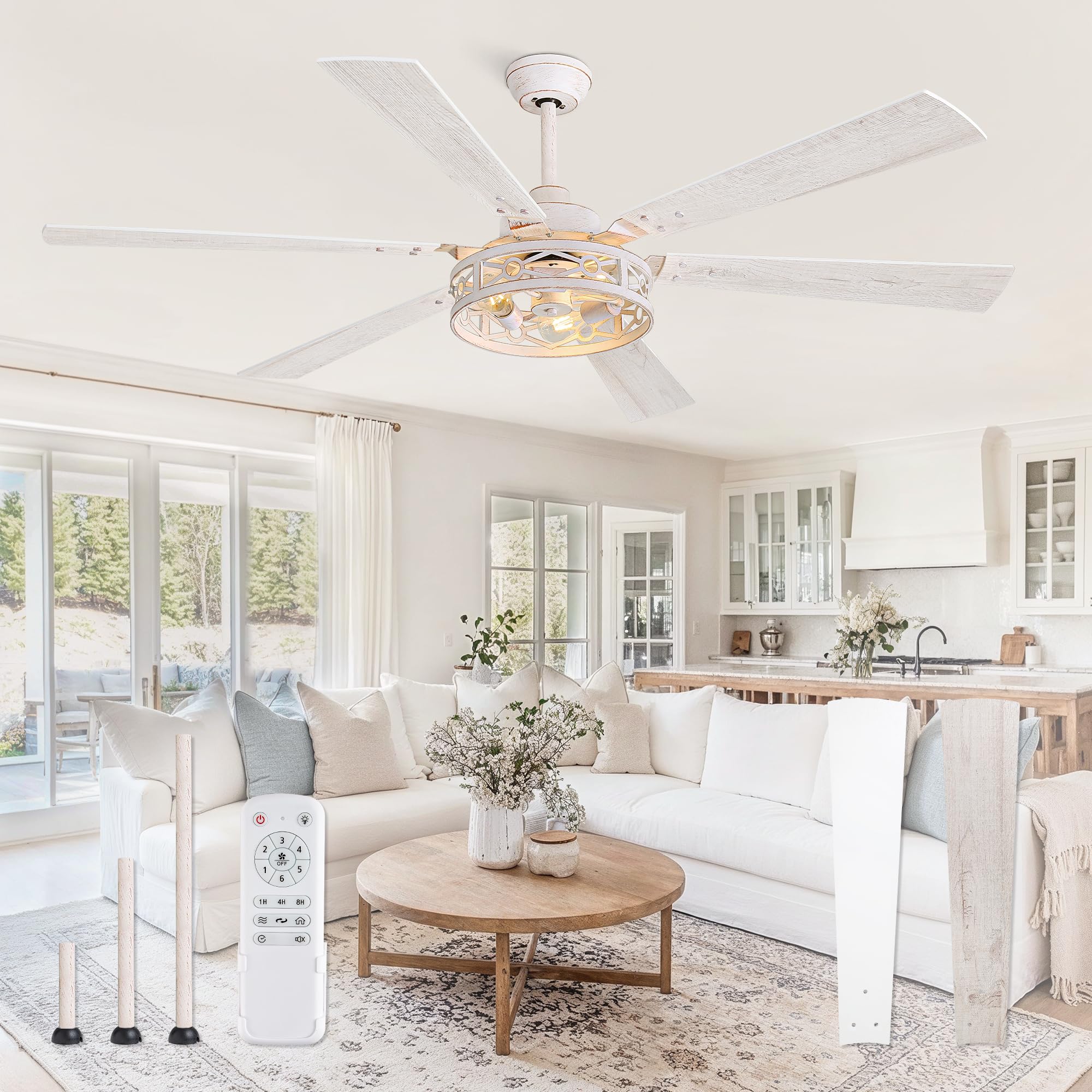 Fanbulous 65 Inch Ceiling Fan With Lights, Farmhouse Caged Ceiling Fans With Remote, White Industrial Ceiling Fans With Quiet Re
