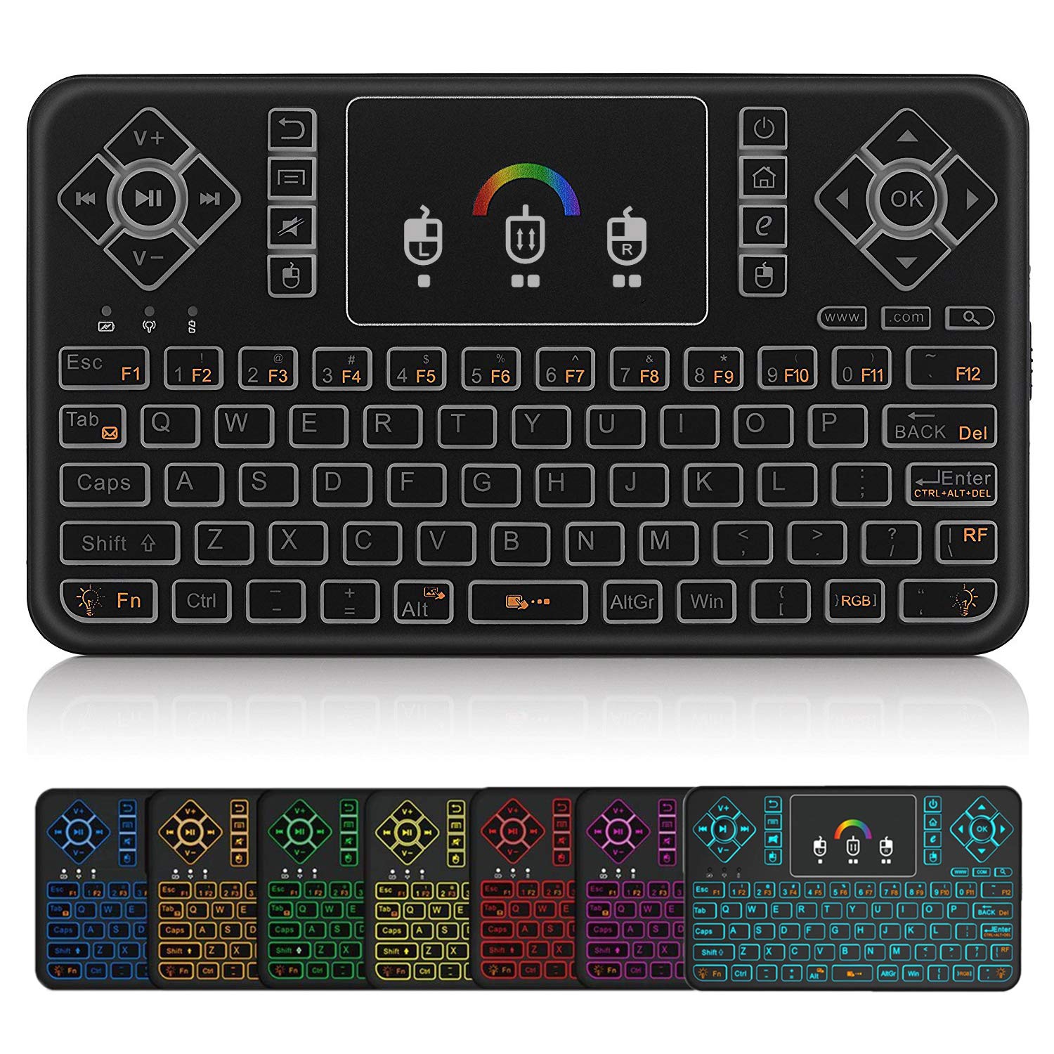 Q9 Mini Wireless Keyboard with Touchpad - Colorful Backlit Small Rechargeable Remote Keyboard for PC, Raspberry Pi 4, Android TV