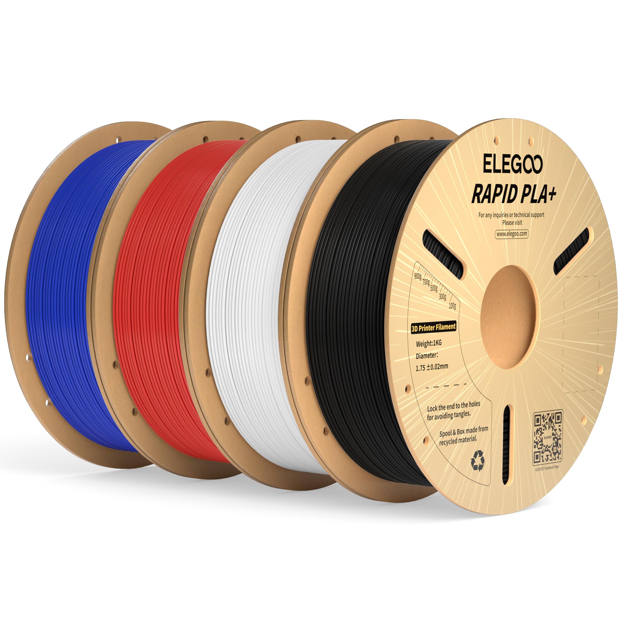 ELEGOO Rapid PLA Plus Filament 1.75mm Bundle 4KG, PLA+ 3D Printer Filament for Fast Printing, Dimensional Accuracy +/- 0.02 mm, 