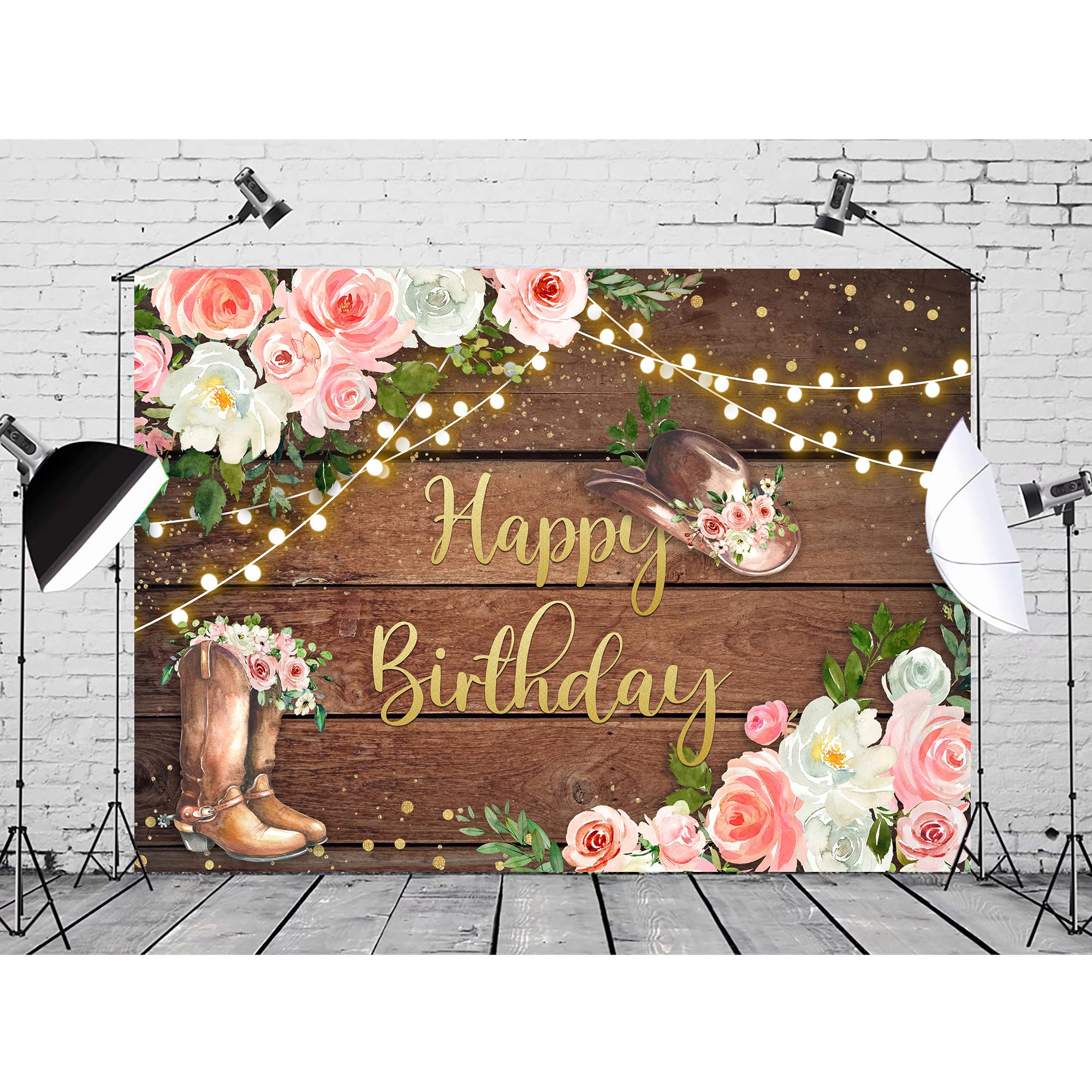 Svbright Cowgirl Birthday Backdrop 8Wx6H Western Rustic Country Wooden Plank Pink Flower Floral Happy Birthday Baby Shower Hat P