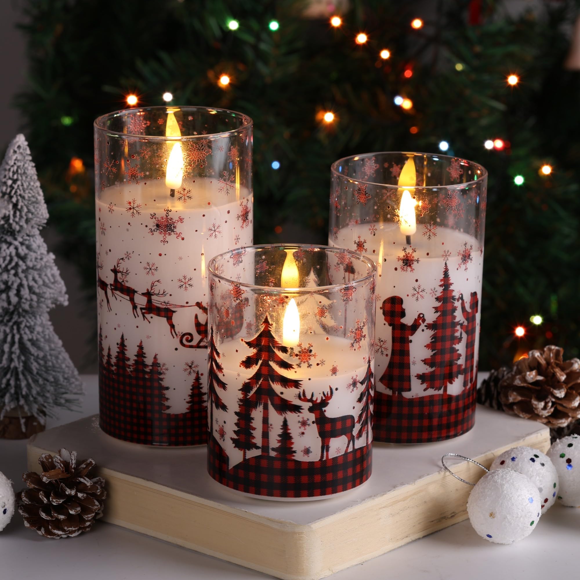Eywamage Red Buffalo Plaid Christmas Flameless Candles With Remote, Flickering Led Pillar Candles In Glass Set Of 3