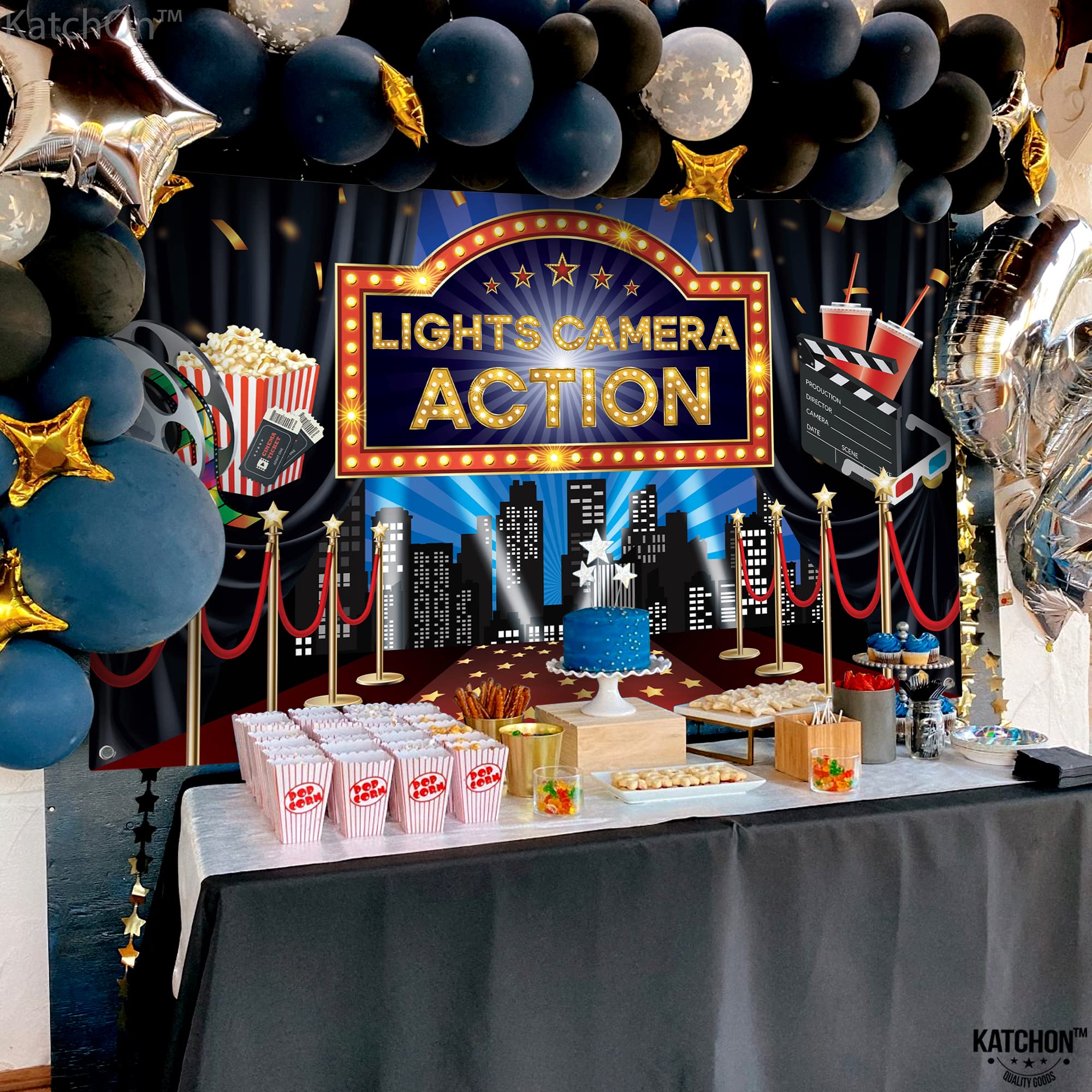 Katchon, Lights Camera Action Backdrop   Large, 72X44 Inch | Movie Theme Party Decorations, Oscar Party Decorations | Lights Cam