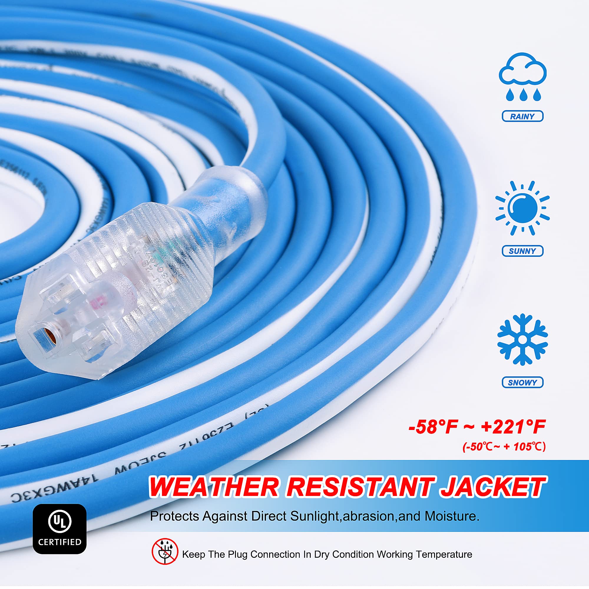 Aweltec Outdoor 14/3 Extension Cord 14Awg 50Ft 15Amp 1875Watts, Tpe Rubber Sjeow ( 58F To +221F) Lighted Power Cord, Blue + Whit
