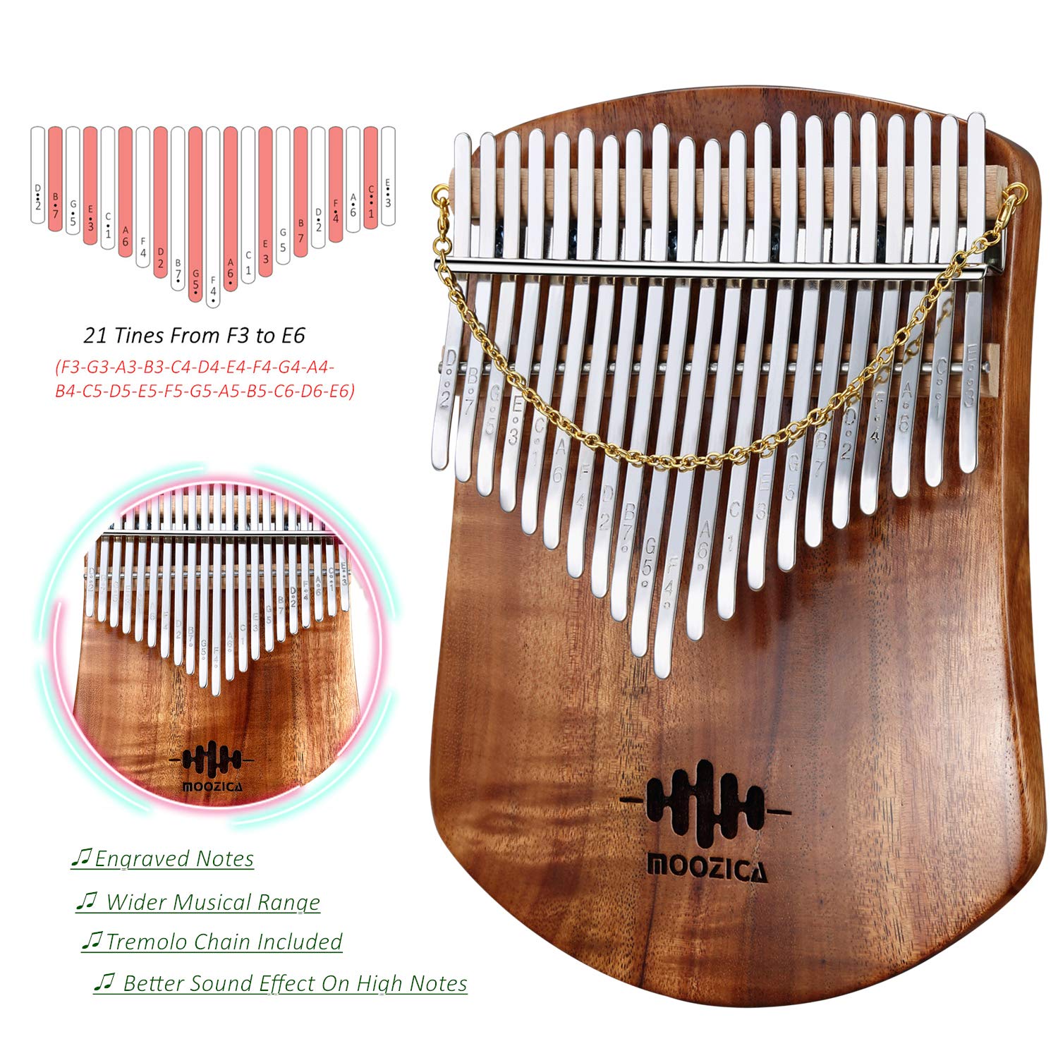Moozica 21 Keys Solid Koa Kalimba Thumb Piano, Single Solid Wood Flat Board Professional Kalimba Marimba With Learning Instructi
