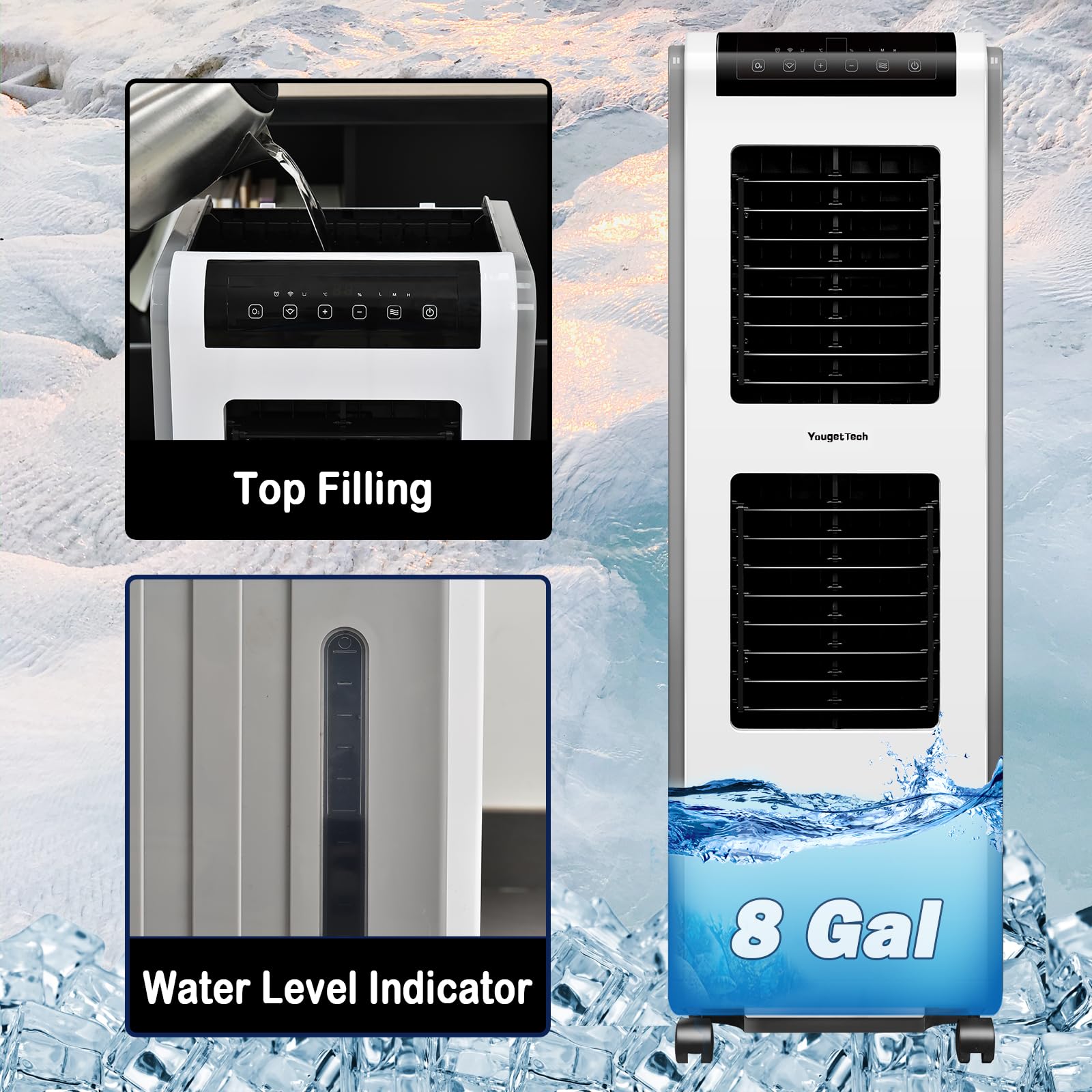 2500Cfm Evaporative Air Cooler With Remote Control, 210W, 3 Speeds Portable Air Conditioner For Patio Outdoor, 8 Gal Water Tank,