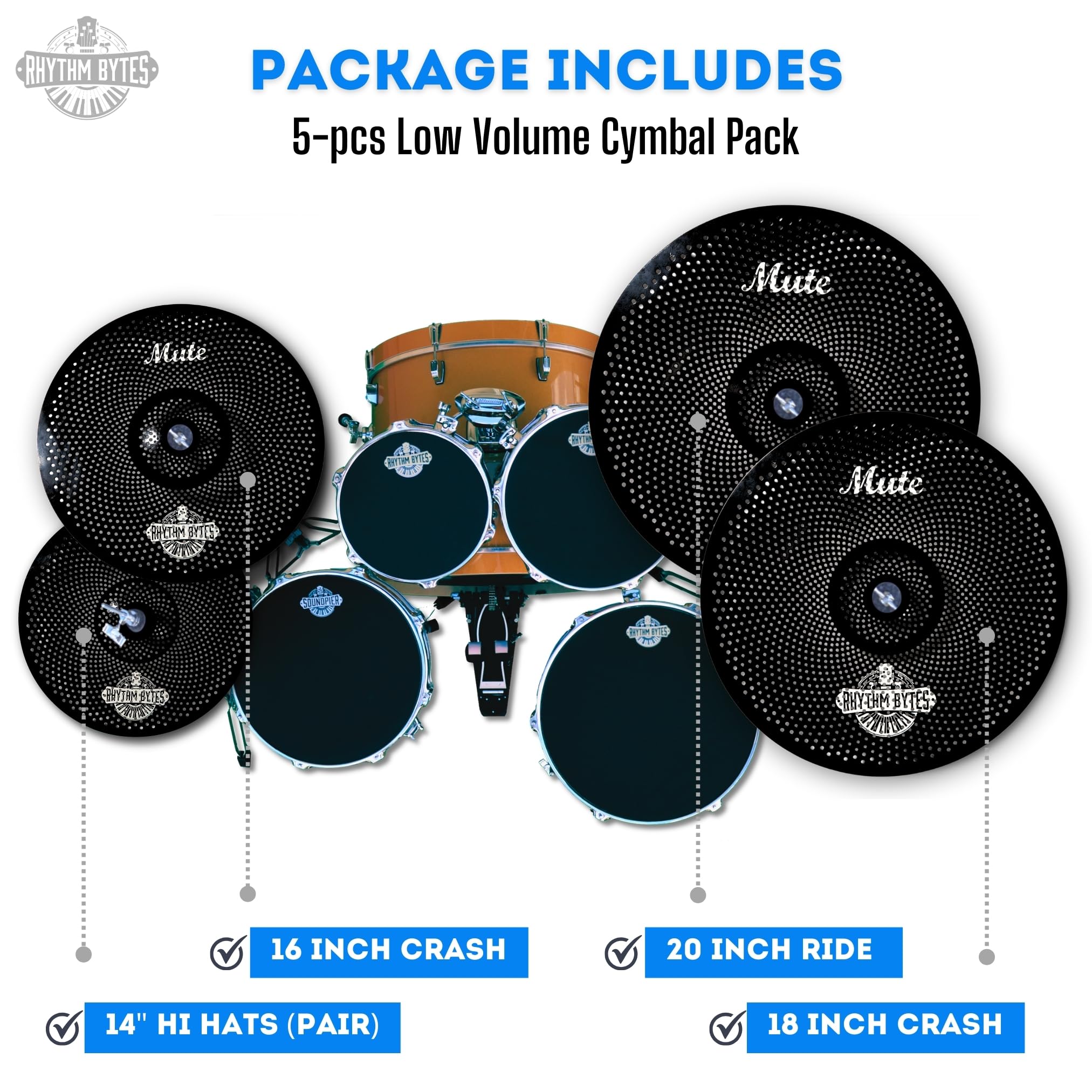 Rhythm Bytes Low Volume Cymbal Pack | 5-Piece Quiet Cymbal Set | Silent Cymbals For Drums - 14 Hi-Hats, 16 & 18 Crash Cymbals, 2