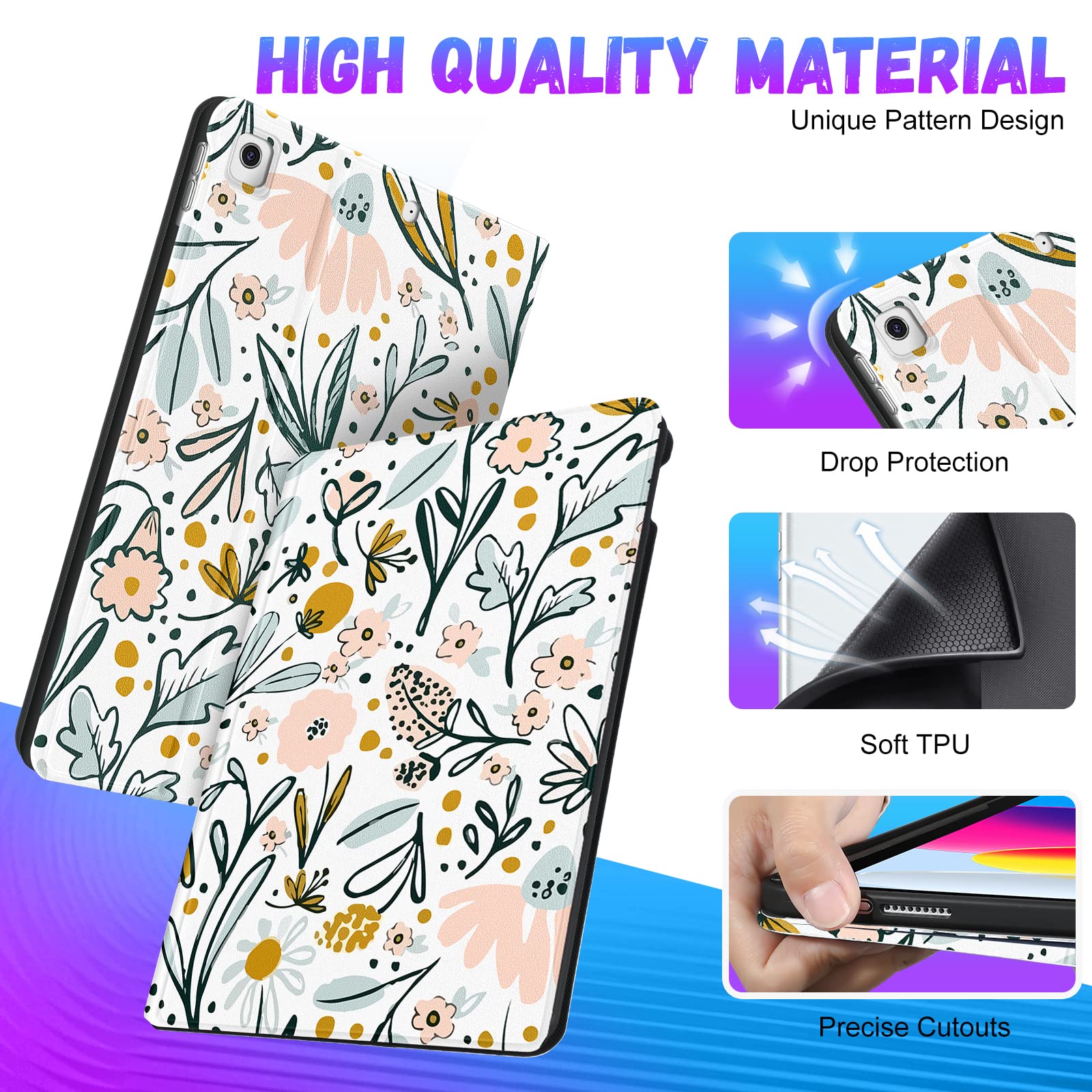 Uppuppy For Ipad 9Th/8Th/7Th Generation Case 10.2 Inch Girls Cute Women Folio Smart Cover Pencil Holder Flowers Floral Aesthetic