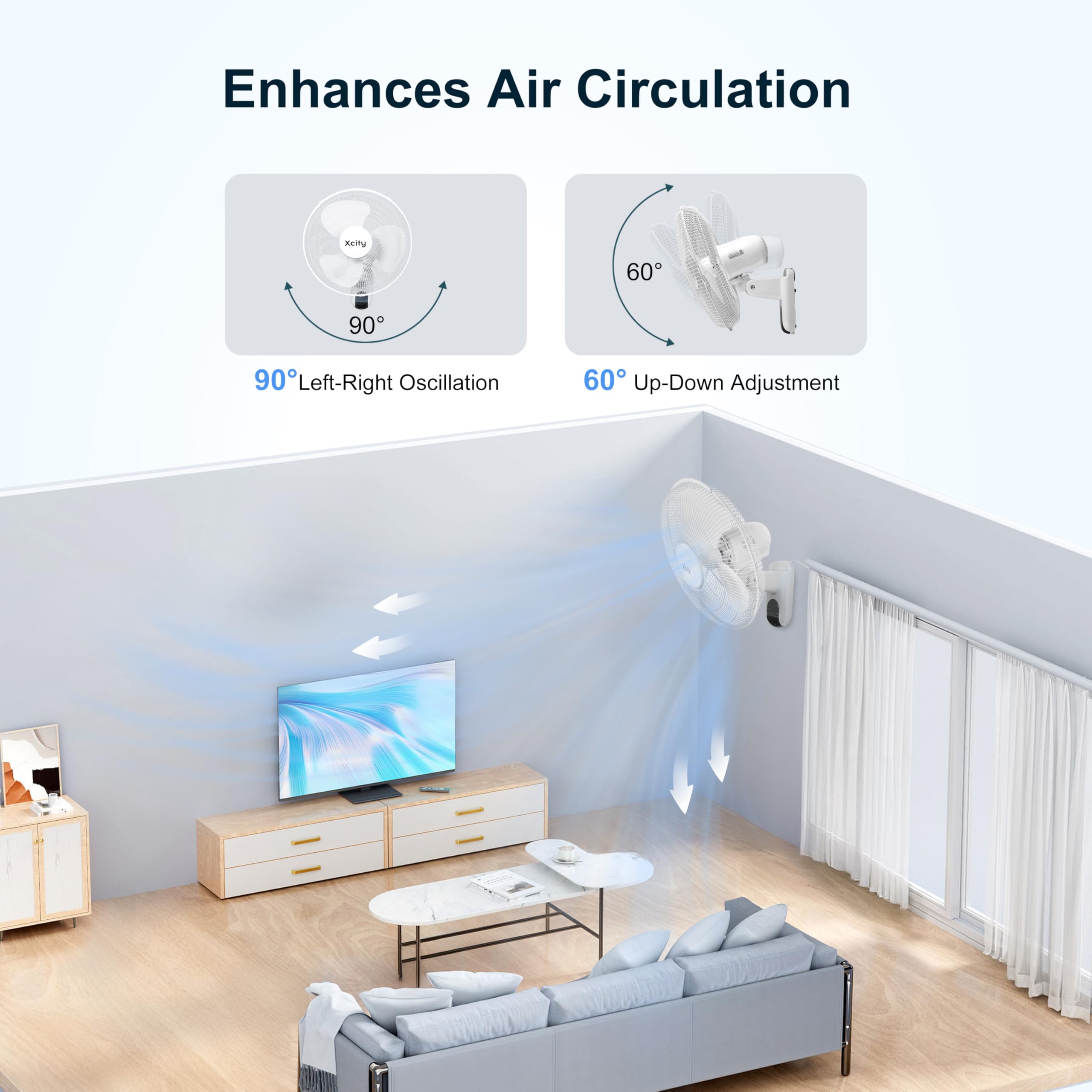 Xcity 16 Inch Wall Mounted Fan With Remote Control, 3 Speeds, 3 Modes, Timer, 90 Oscillating & 60 Adjustable Tilt, High Velocity