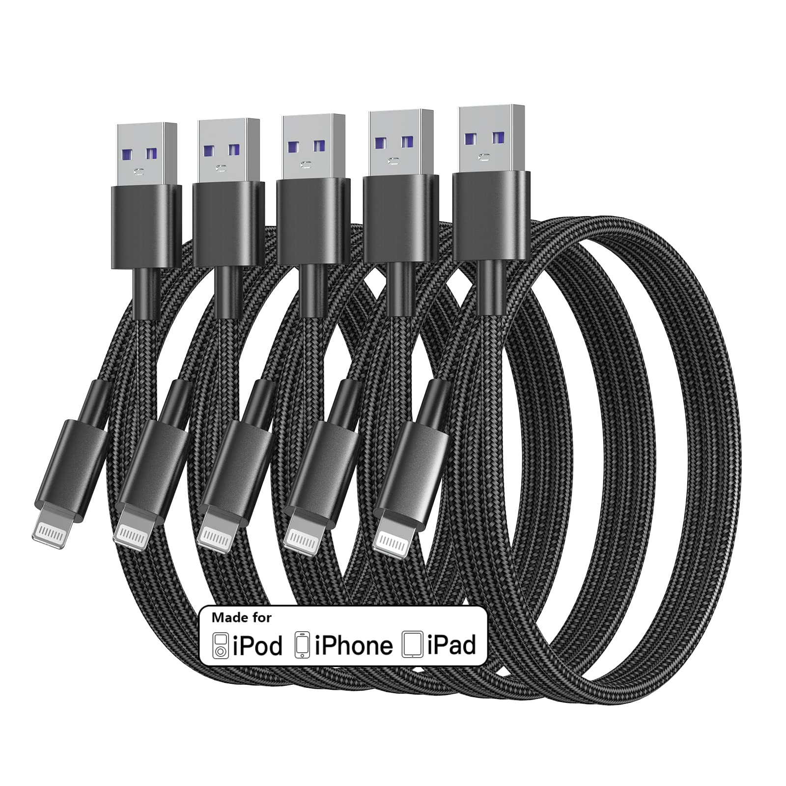 5Pack for iPhone Charger Cable 3ft Lightning to USB Cables Fast for iPhone Charging Cord [Apple MFi Certified] Nylon Braided for