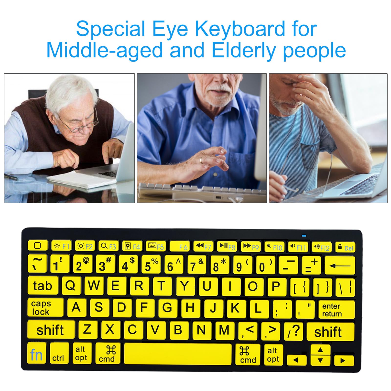 HXMJ Large Print Mini Bluetooth Keyboard for iPad/iPhone - Yellow - E67 Model - Ideal for Seniors and Visually Impaired - Plastic Material