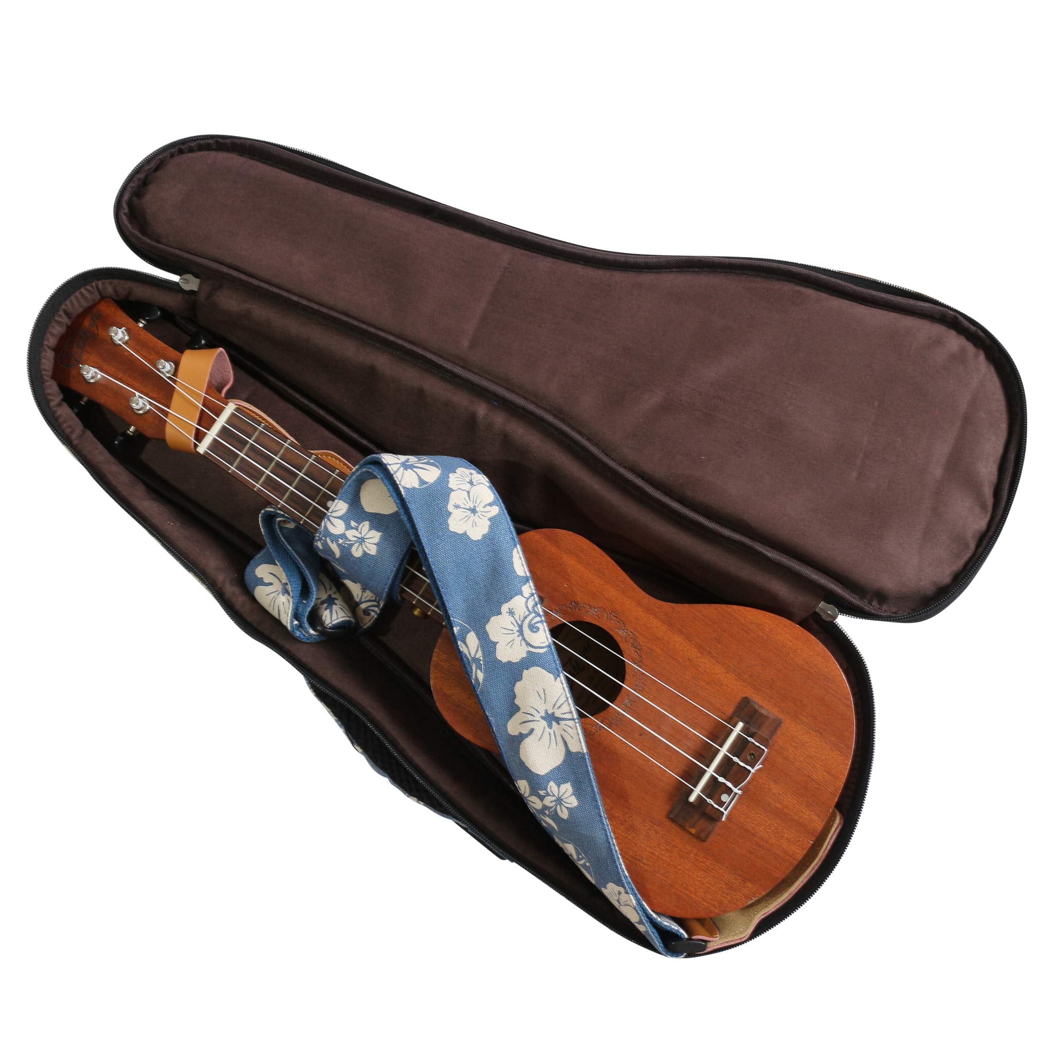 Music First Original Design 0.5 '' Thick Padded Hawaii Style Blue And White Plumeria    Canvas Ukulele Case, Ukulele Bag, Ukulel