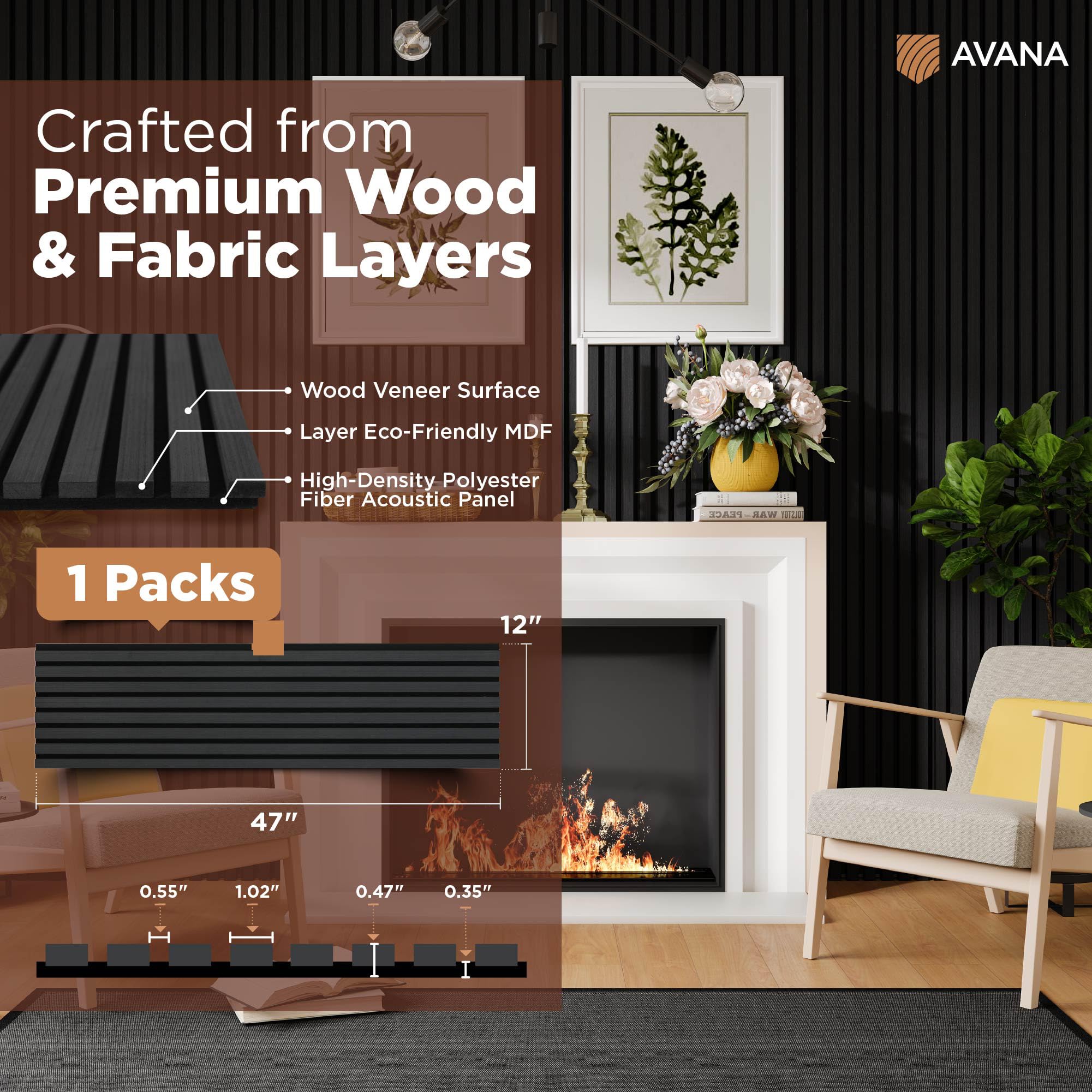 Avana Modern Acoustic Wood Wall Panels   47.2 X 12.6 Inch Black Oak Acoustic Panels 1 Pc   Wall Panels For Interior Wall Decor F