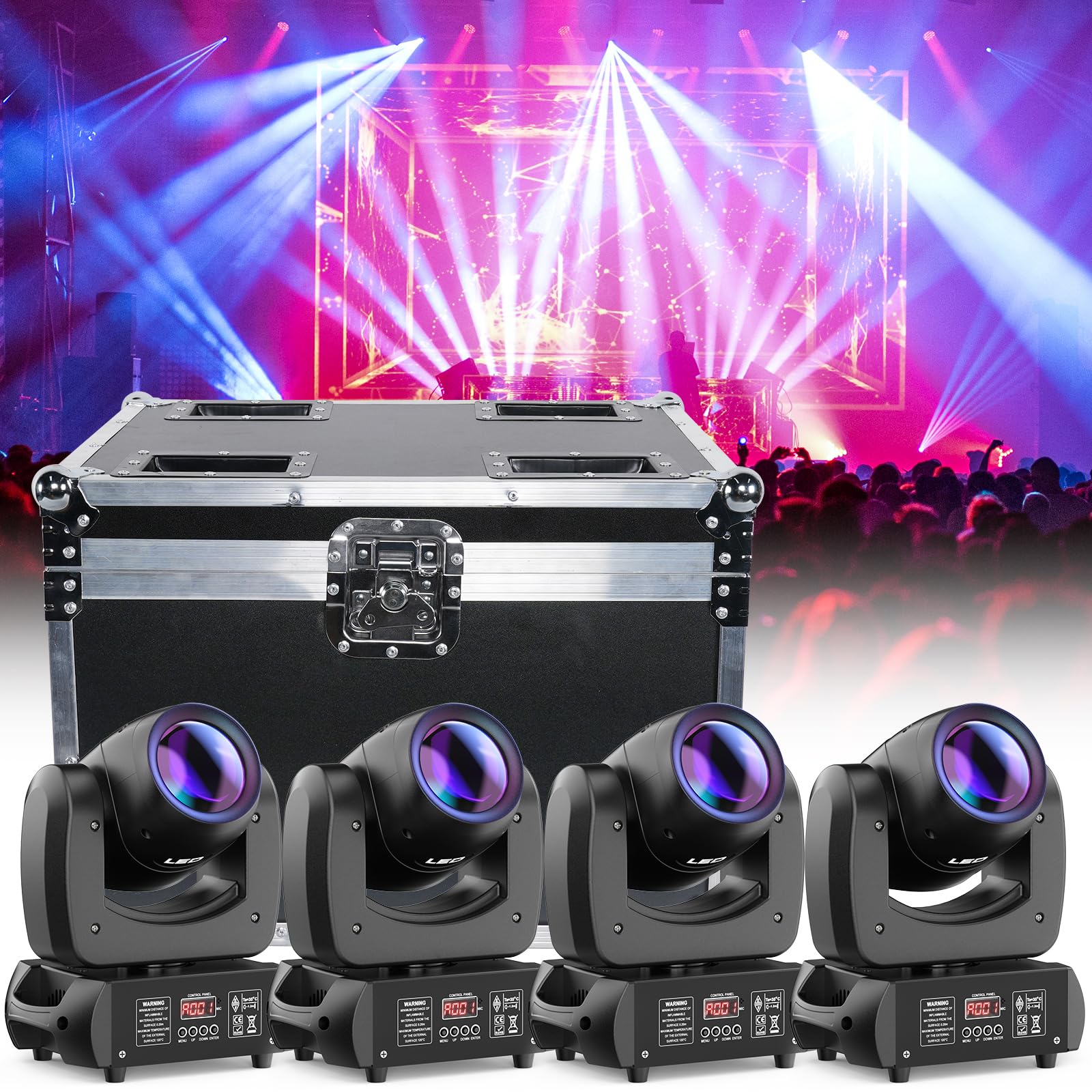 120W DJ Lights Moving Head [4-Pack] with Flight Case,Professional 18-Facet Prism DJ Stage Lighting 7 Gobos and 8 Colors Beam/Spo