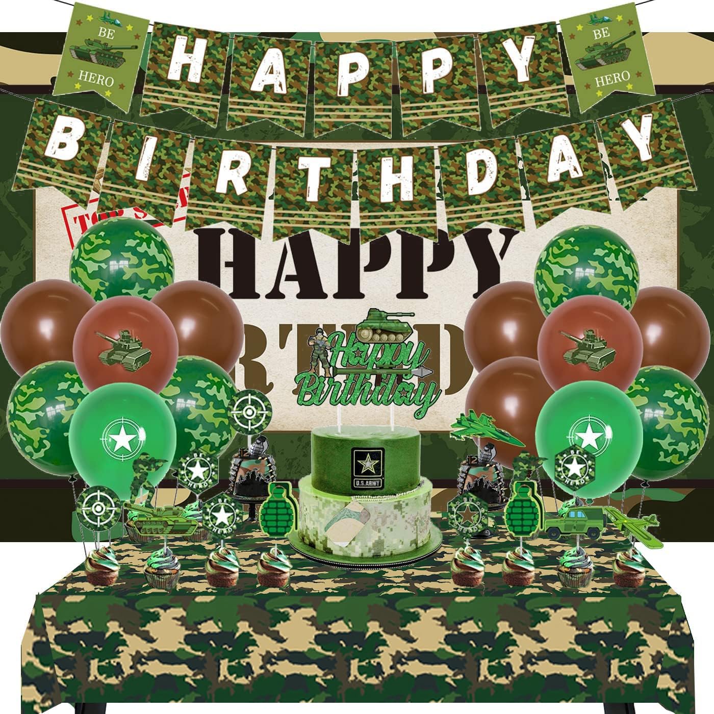 Soldier Theme Happy Birthday Backdrop Camouflage Tablecloth Set Camouflage Soldier Military Theme Party Supplies Cake Table Bann