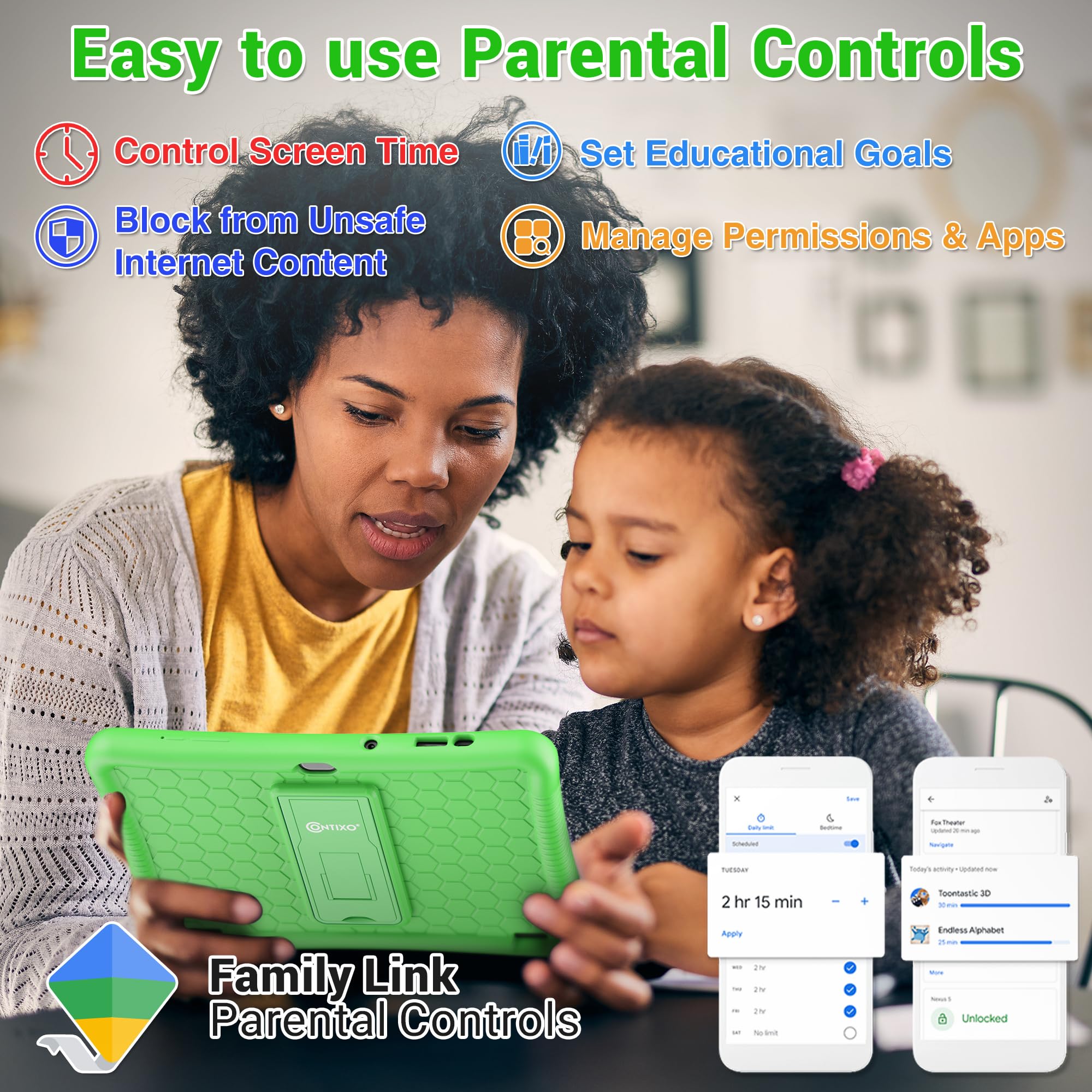 Contixo Kids Tablet K102 10 Inch Hd, Ages 3 7 Toddler Tablet, Parental Control, Android 10, 64Gb, Wifi, Learning Tablet For Children With Disney E Book Pre Installed, Kid Proof Case, Green