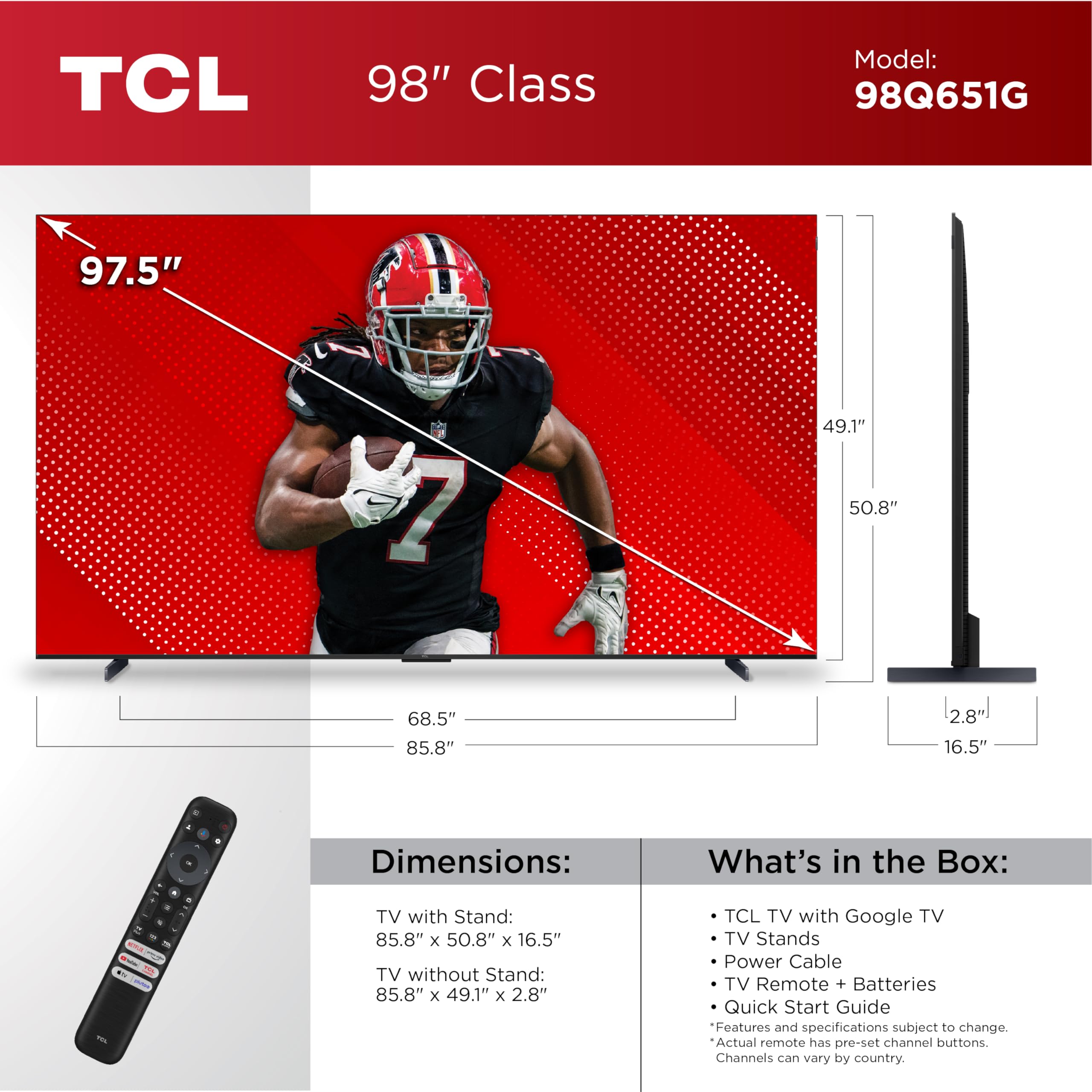 Tcl 98 Inch Q65 Qled 4K Uhd Smart Tv With Google Tv (98Q651G, 2024 Model) Dolby Vision, Dolby Atmos, Hdr Pro+, Game Accelerator
