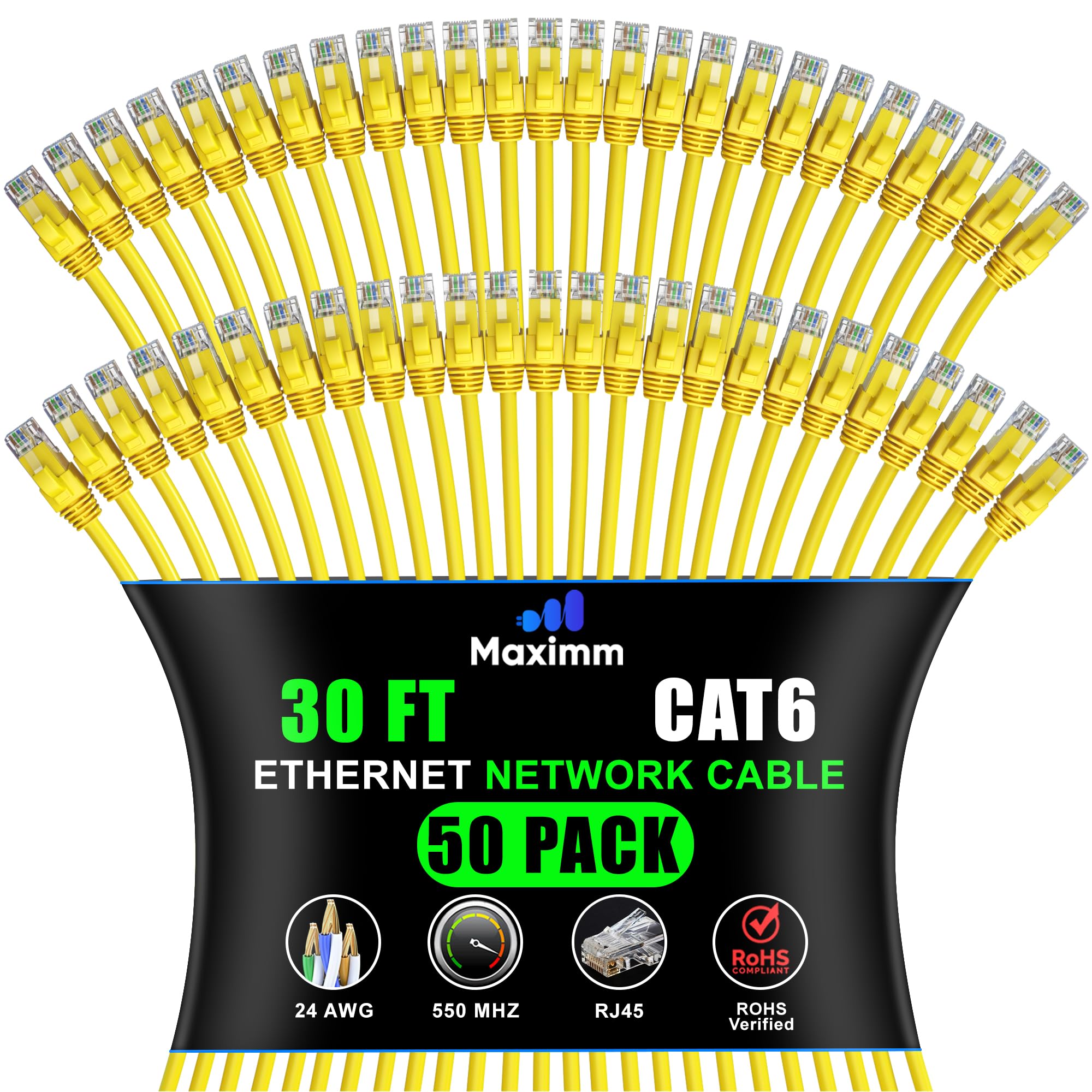 Maximm Cat 6 Ethernet Cable 30 ft (50-Pack) - High-Speed LAN Cable, Internet Cable, Patch Cable, and Network Cable - UTP, 10Gbps
