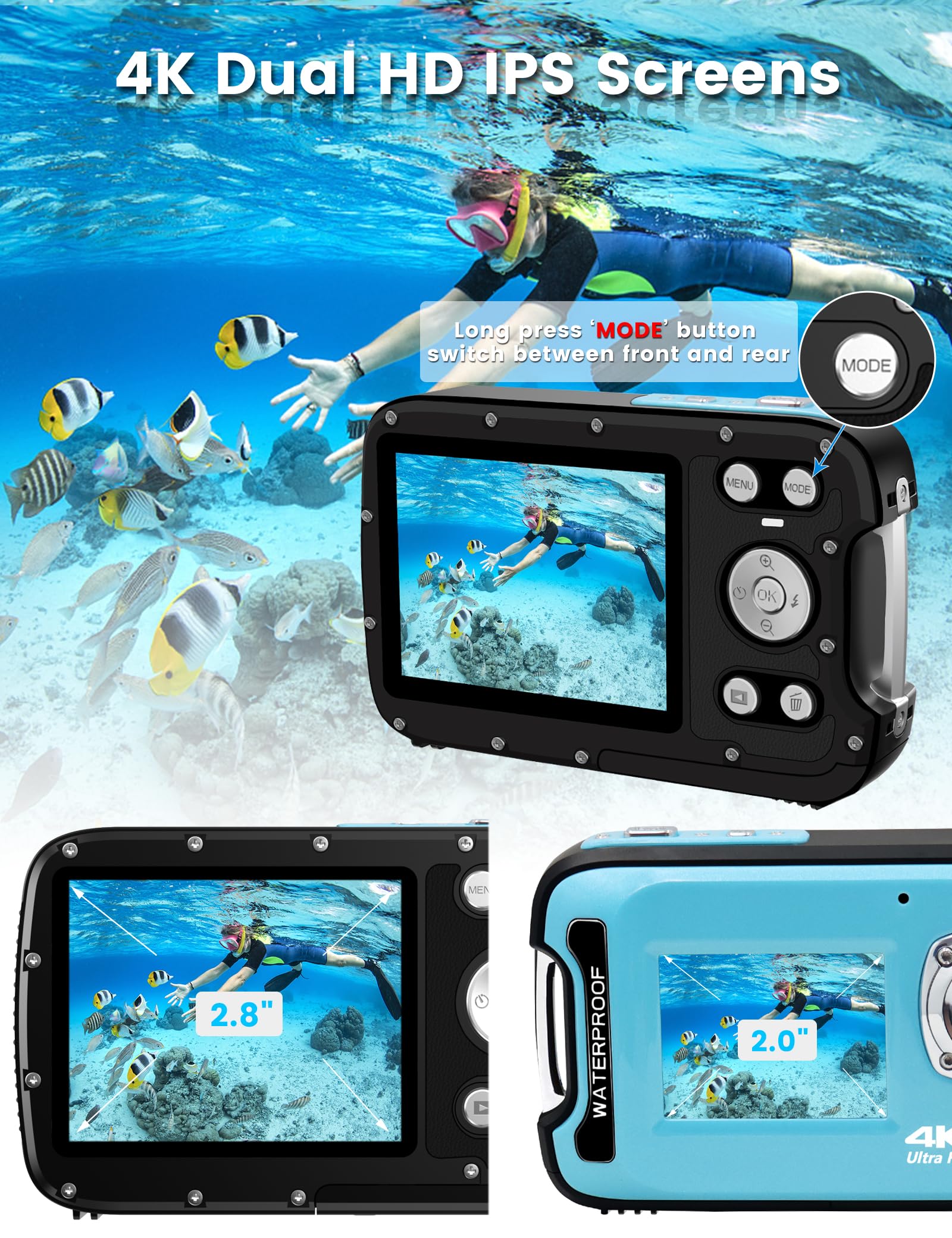Yeein Underwater Camera 4K 48Mp Autofocus Selfie Dual Screen Waterproof Camera With Floating Strap And 32Gb Card, 17Ft Compact W