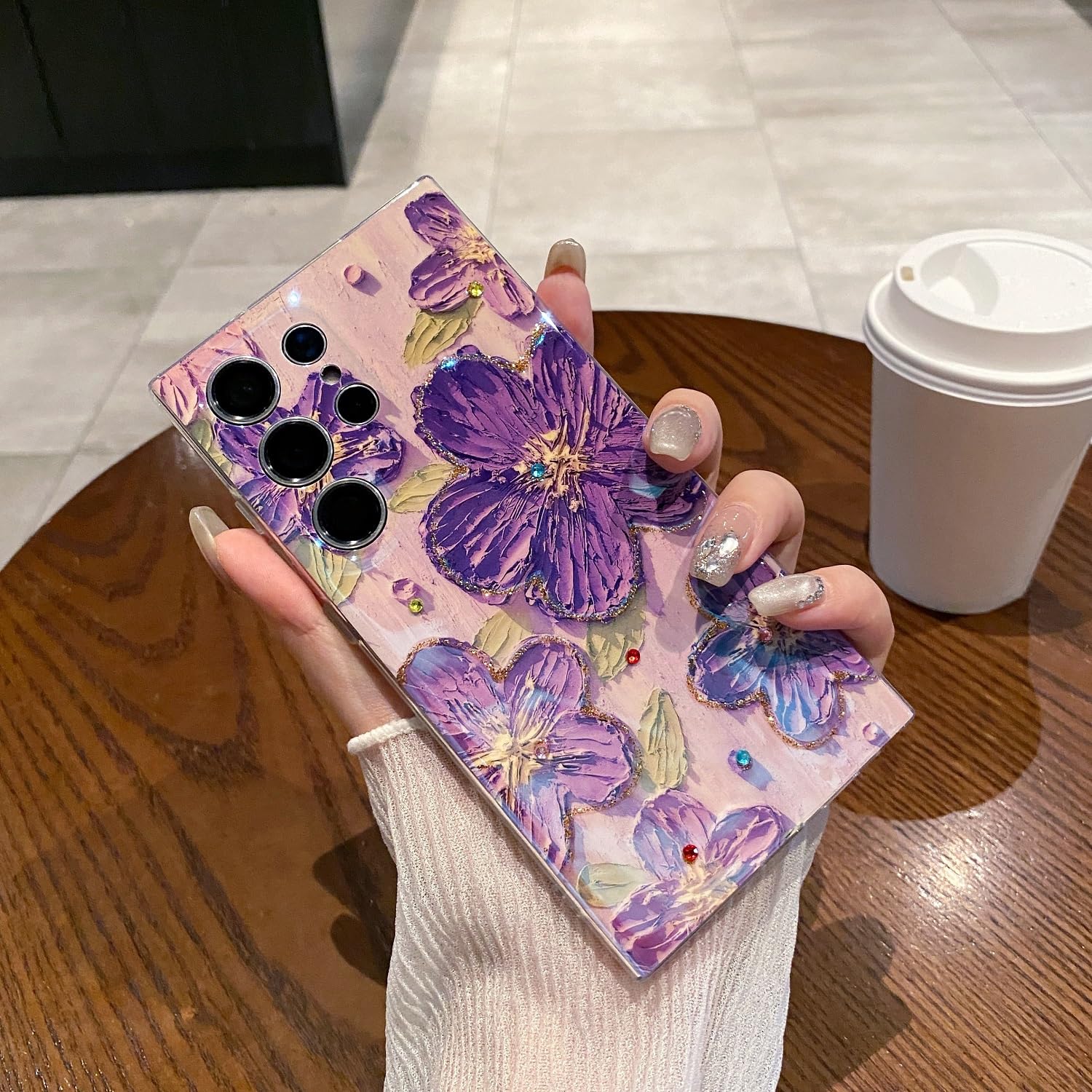 LeLeYun Case for Samsung Galaxy S24 Ultra, Retro Oil Painting Printed Flower Cute Pattern with Glitter Gem Phone Cover Durable T