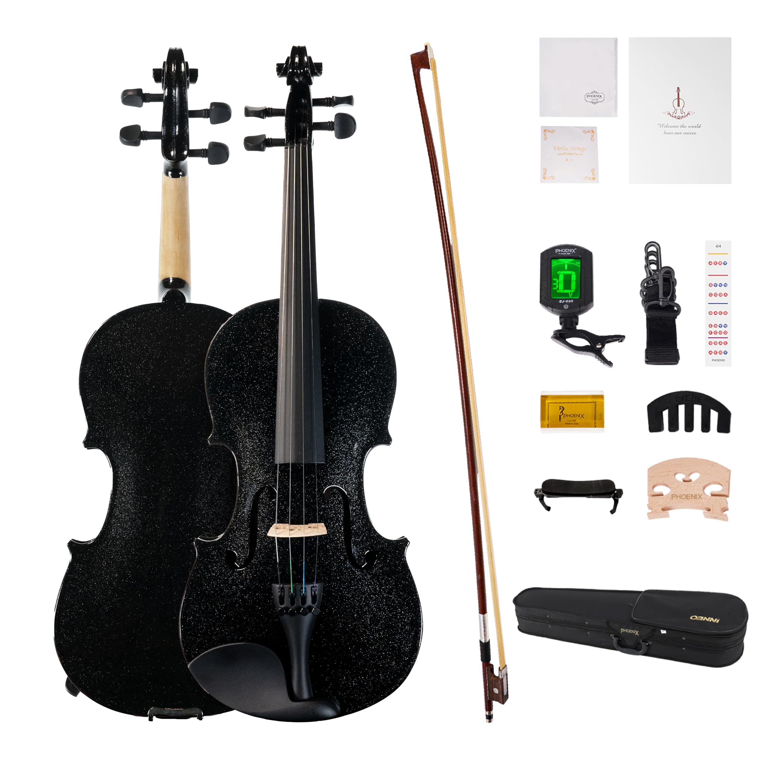 Phoenix Violin 4/4 Full Size Set, Fiddle Solid Wood For Professional Beginners Adults With Rosewood Bow Extra Strings & Bridge,R