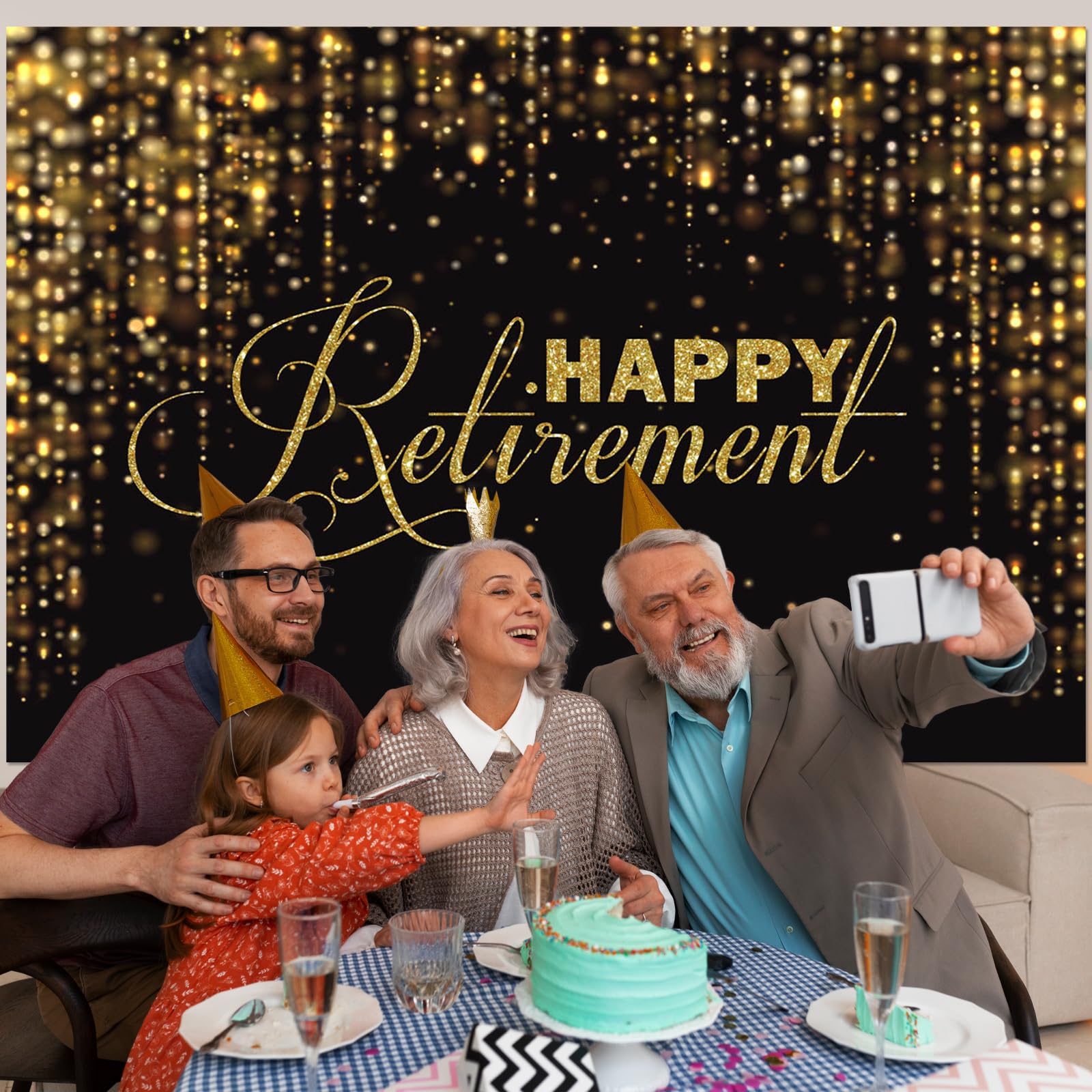 Avezano 7X5Ft Happy Retirement Backdrop Black And Gold Glitter Retirement Photo Background Retirement Party Decorations Glitter Retirement Banner Party Supplies Photo Prop