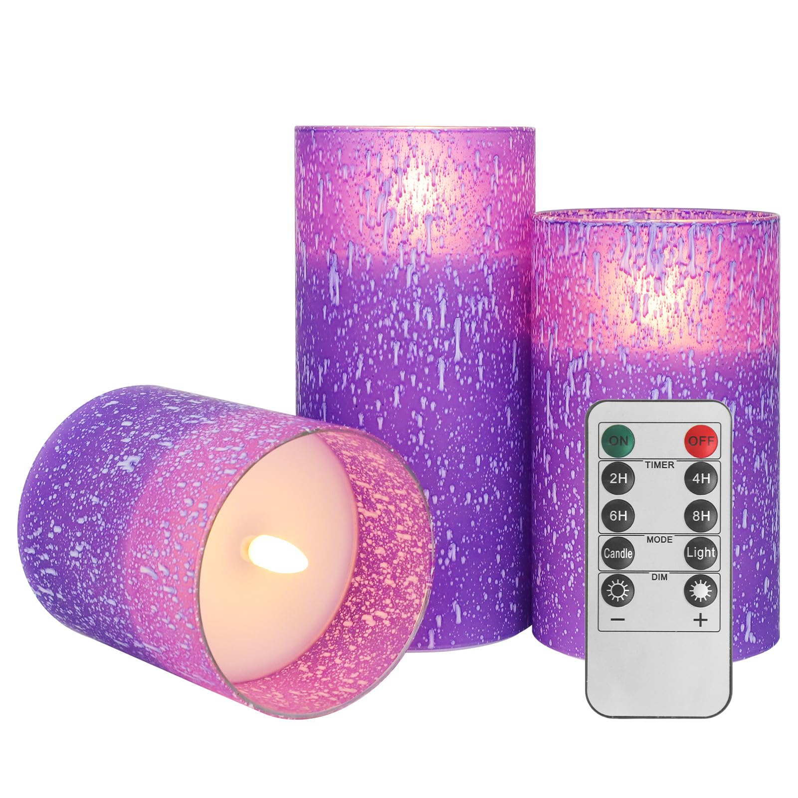 Hjandhj Purple Flameless Candles With Remote, Flickering Battery Operated Candles With Timer, Set Of 3 Led Pillar Candles For Ou