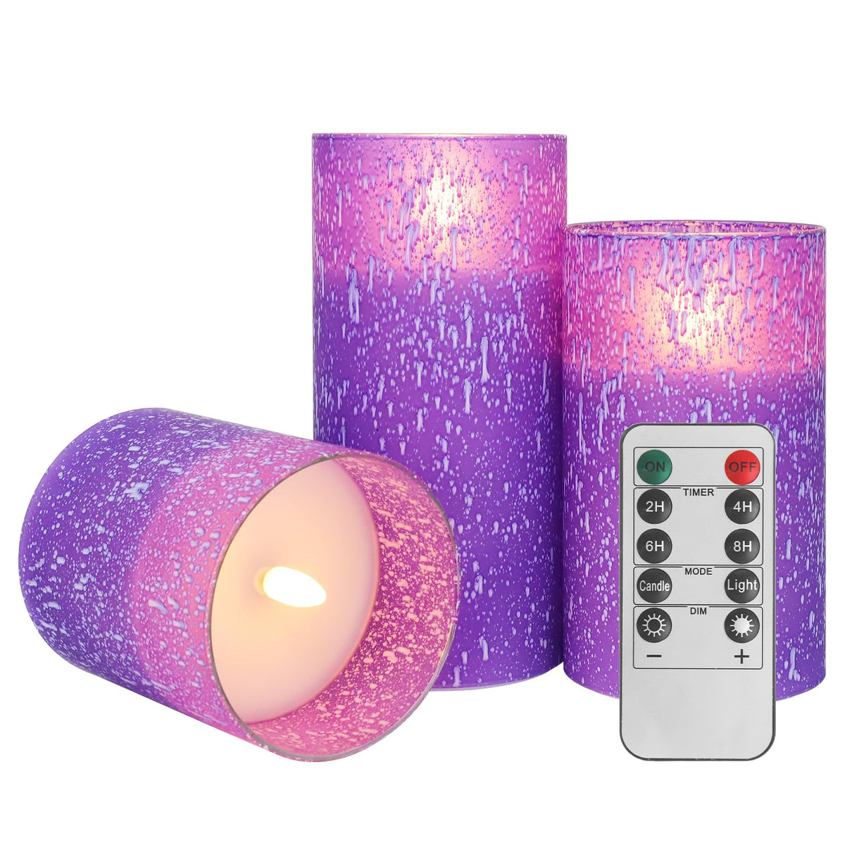 Hjandhj Purple Flameless Candles With Remote, Flickering Battery Operated Candles With Timer, Set Of 3 Led Pillar Candles For Ou