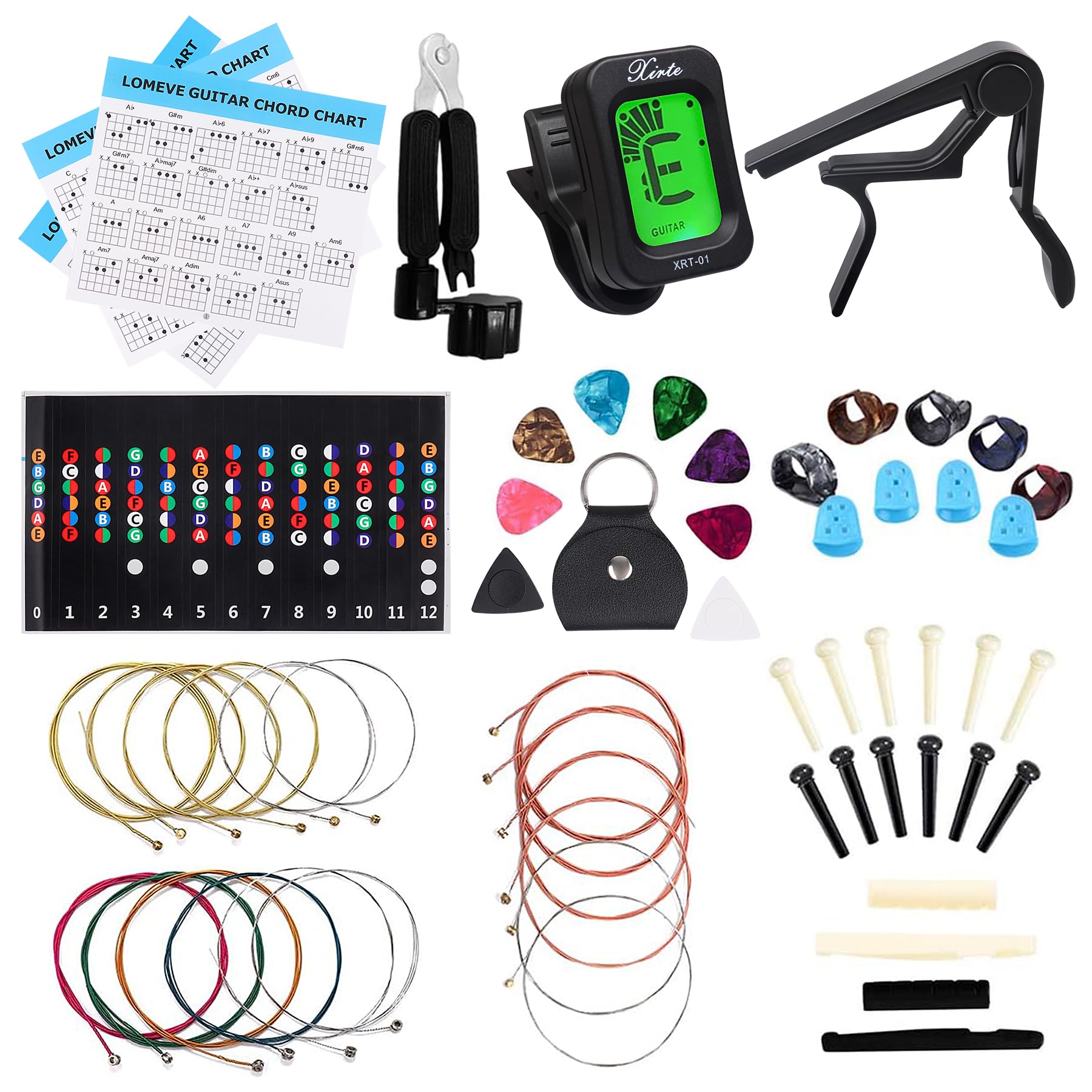 Lomeve Guitar Accessories Kit Include Acoustic Guitar Strings, Tuner, Capo, 3 In 1 Restring Tool, Pick Holder, Bridge Pins, Nuts
