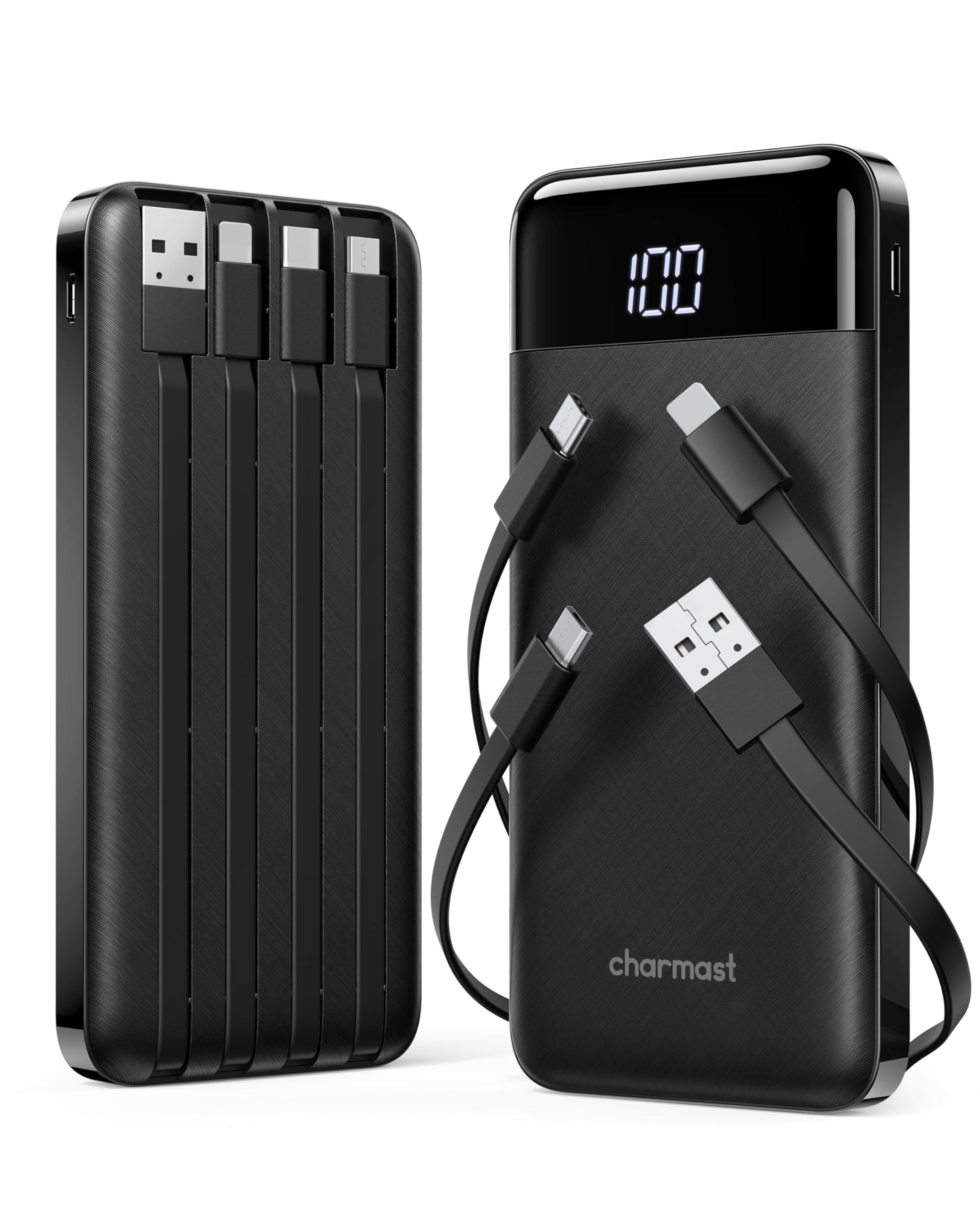 charmast 2 Pack Portable Charger, 10000mAh Power Bank Builtin Cables