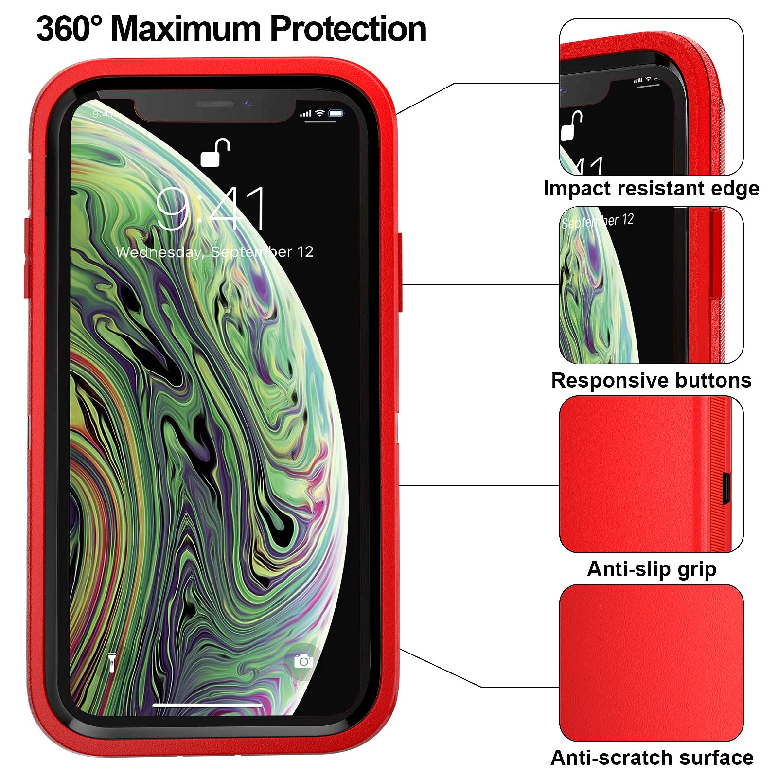 BypaBox iPhone Xs Max Heavy Duty Phone Case with Belt Clip Holster Kickstand Plastic Red Black 6.5 inch