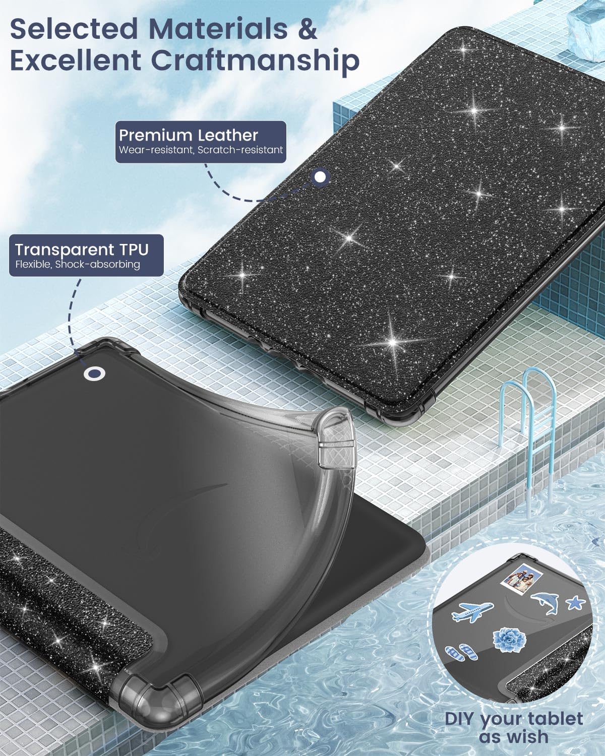 MoKo Case for 6' All New Kindle (11th Generation 2024/2022 Release), Ultra Clear Soft Flexible Transparent TPU Back Cover with Auto Wake/Sleep for Kindle 11th Generation 2024, Black & Glitter