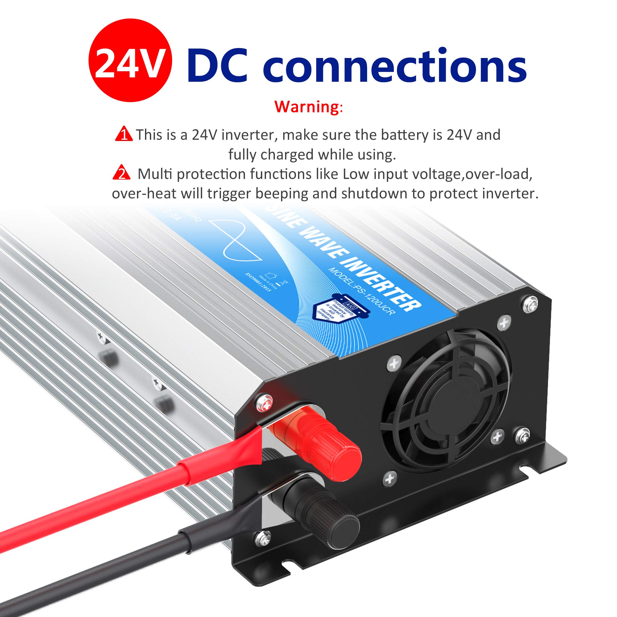 24V Pure Sine Wave Power Inverter 1200W Dc 24V To Ac 120V With Remote Controller And Led Display 2.4A Usb Port Dual Ac Outlets F