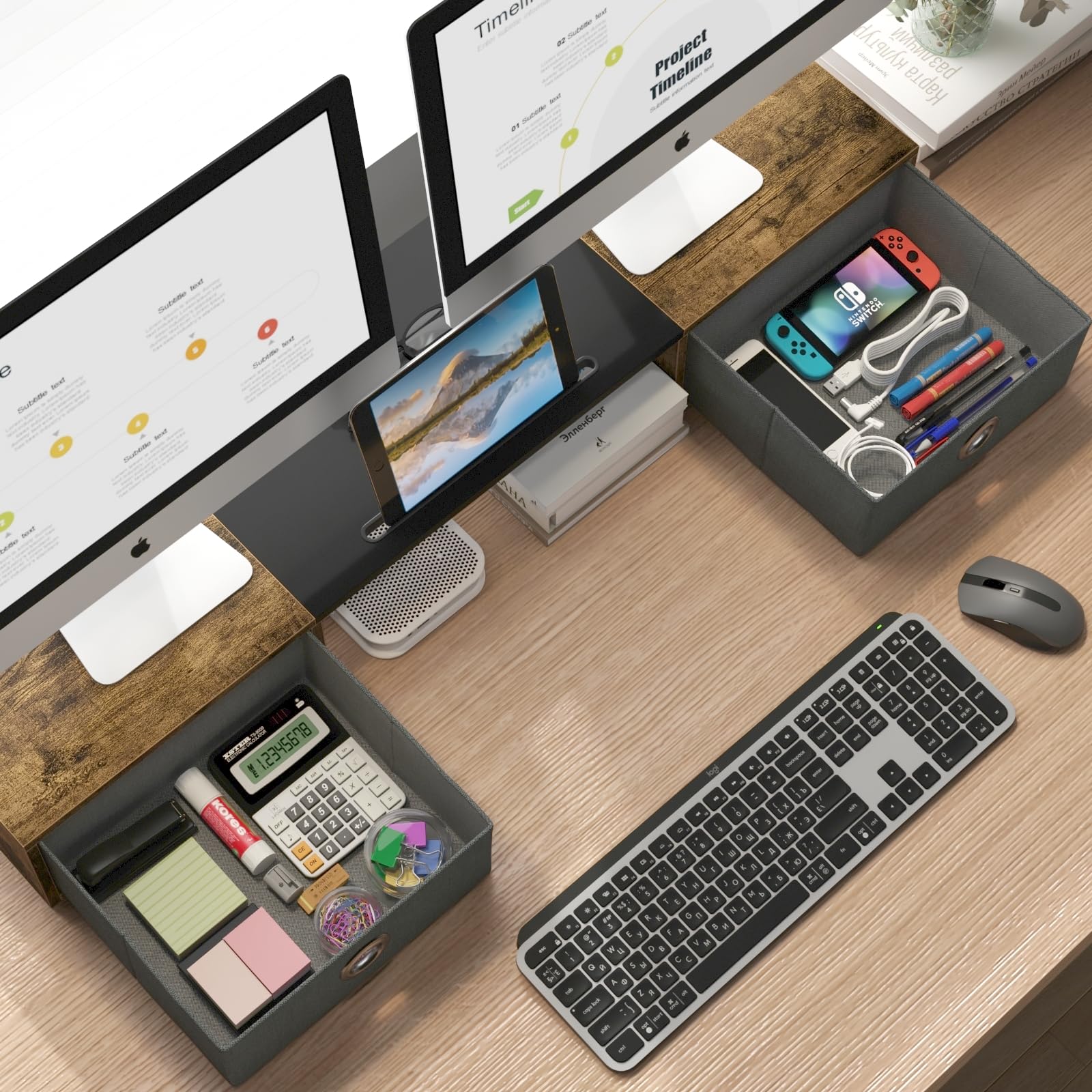 Westree Dual Monitor Stand Riser With Two Drawers, Extra Large Storage For 2 Monitors, Desktop Oraganizer Computer,Laptop,Screen