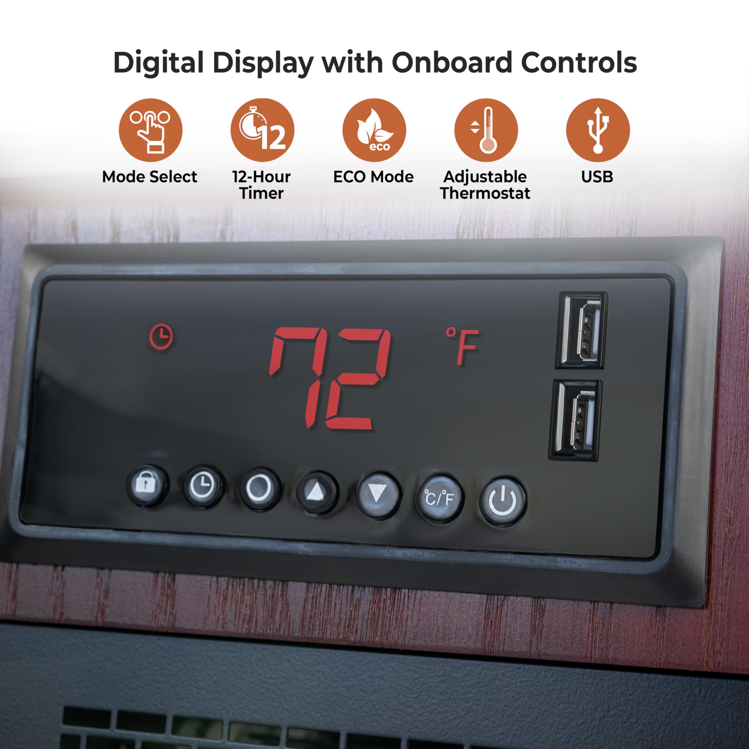 Comfort Zone 1500W Indoor Space Heater, 20" Cherry Cabinet with Remote, Infrared Quartz, USB Ports, Timer & Safety Features, Model CZ2062C